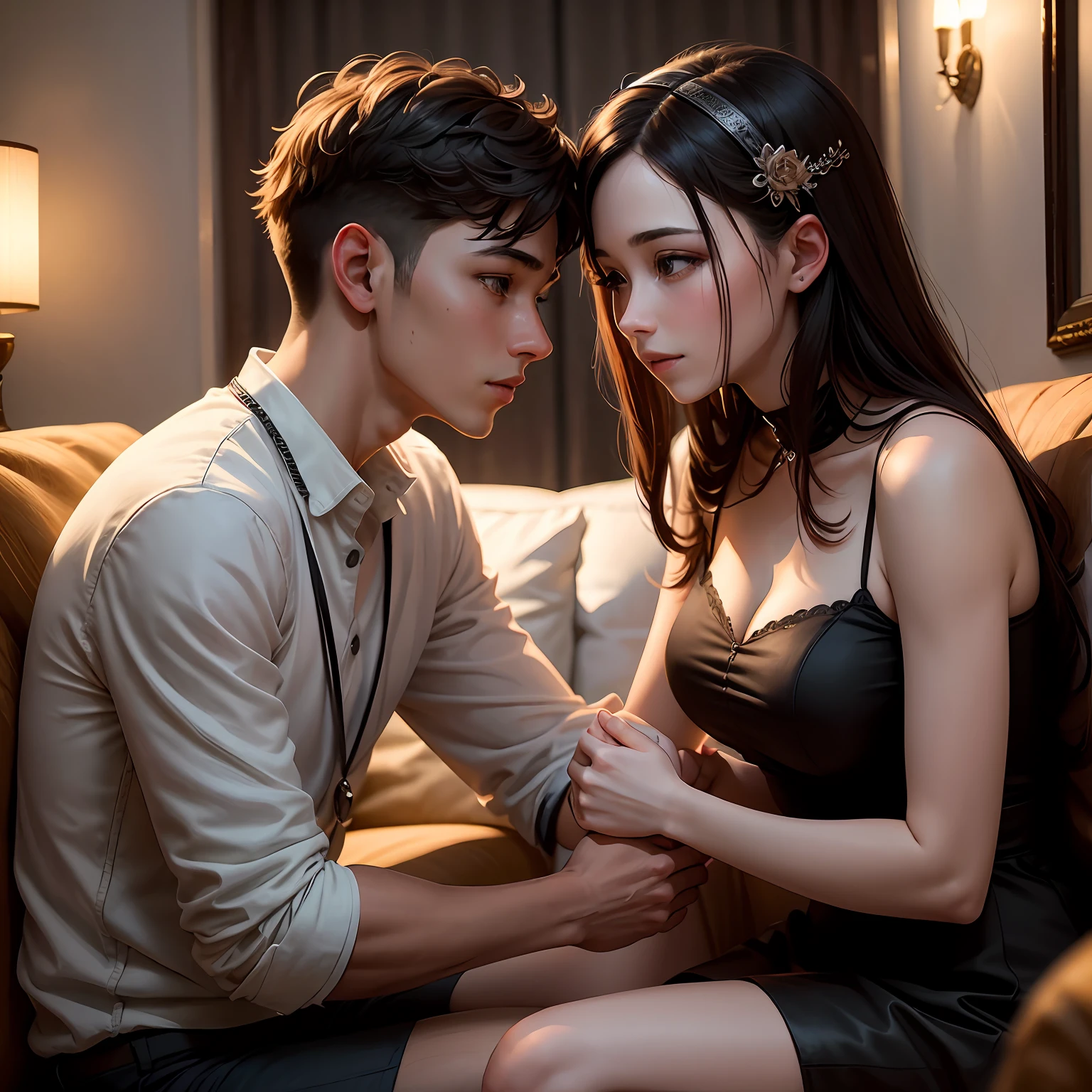a young man and a woman, Eschatological, nigth, face to face, Look at each other affectionately, Experience life and death, Need, masterpiece --auto