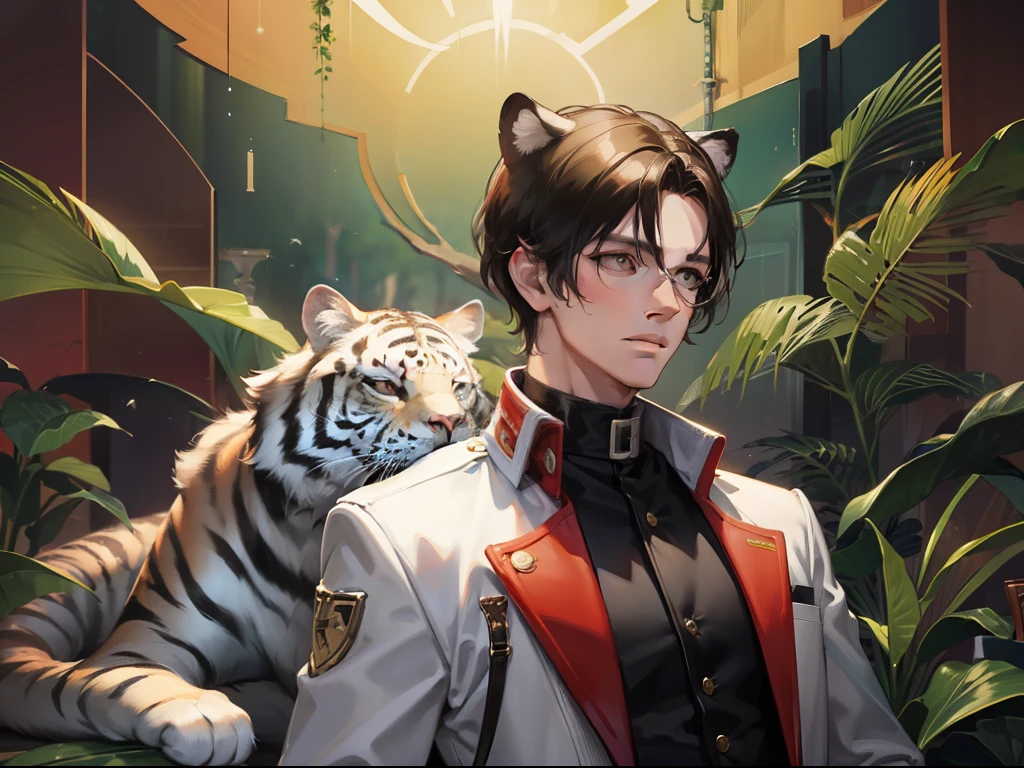A man with white tiger ears and a young man with black hair