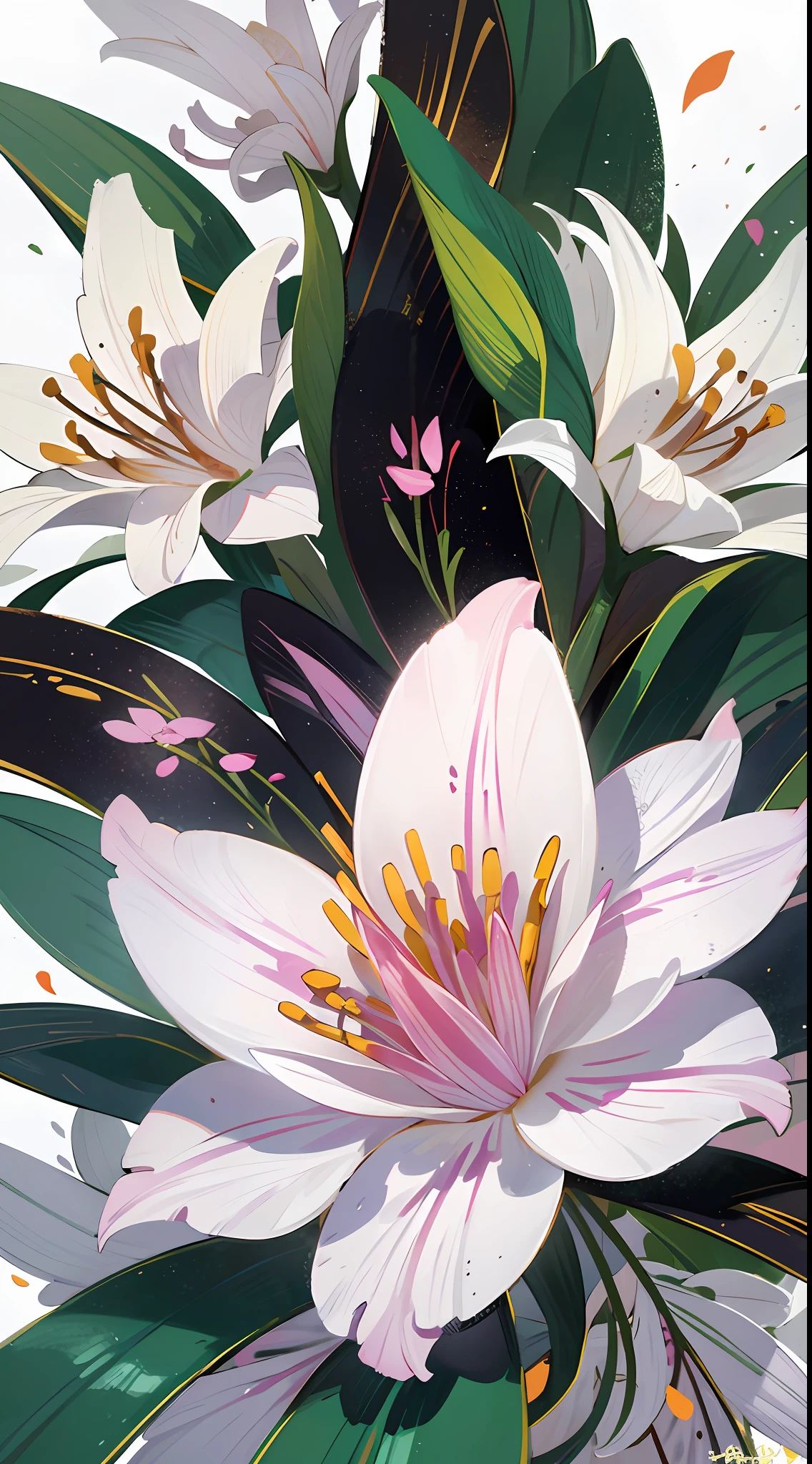 Close-up of lilies, high-precision picture quality, beautiful white background showing a lily picture. White lilies bloom towards us in pictures, capturing every corner of the human eye. The details of the petals are delicate and gorgeous, the exotic ears take on a sense of mystery, and the glowing details make the flowers look even more delicate. Improve the details of the stem and flower of the cosmic lily to make the picture more perfect.