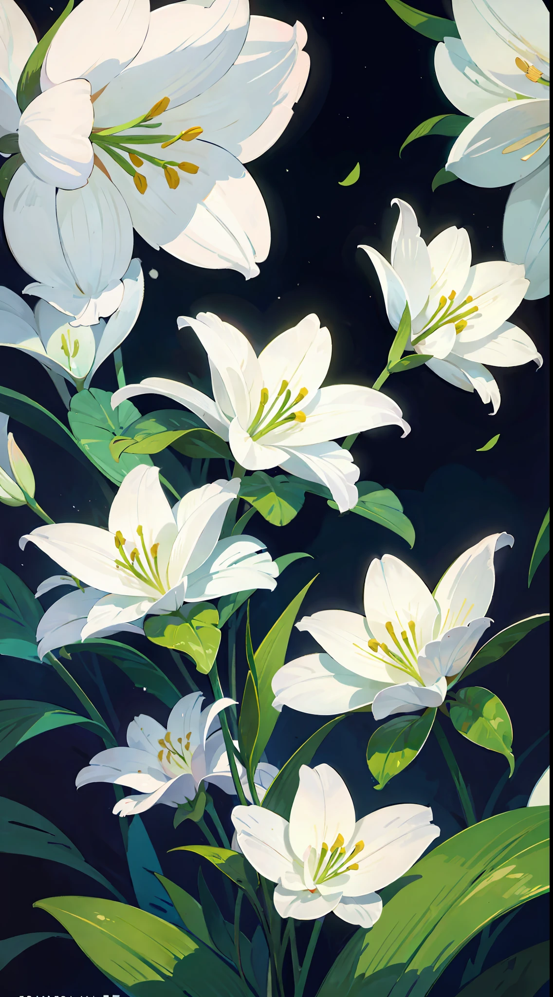Close-up of lilies, high-precision picture quality, beautiful white background showing a lily picture. White lilies bloom towards us in pictures, capturing every corner of the human eye. The details of the petals are delicate and gorgeous, the exotic ears take on a sense of mystery, and the glowing details make the flowers look even more delicate. Improve the details of the stem and flower of the cosmic lily to make the picture more perfect.