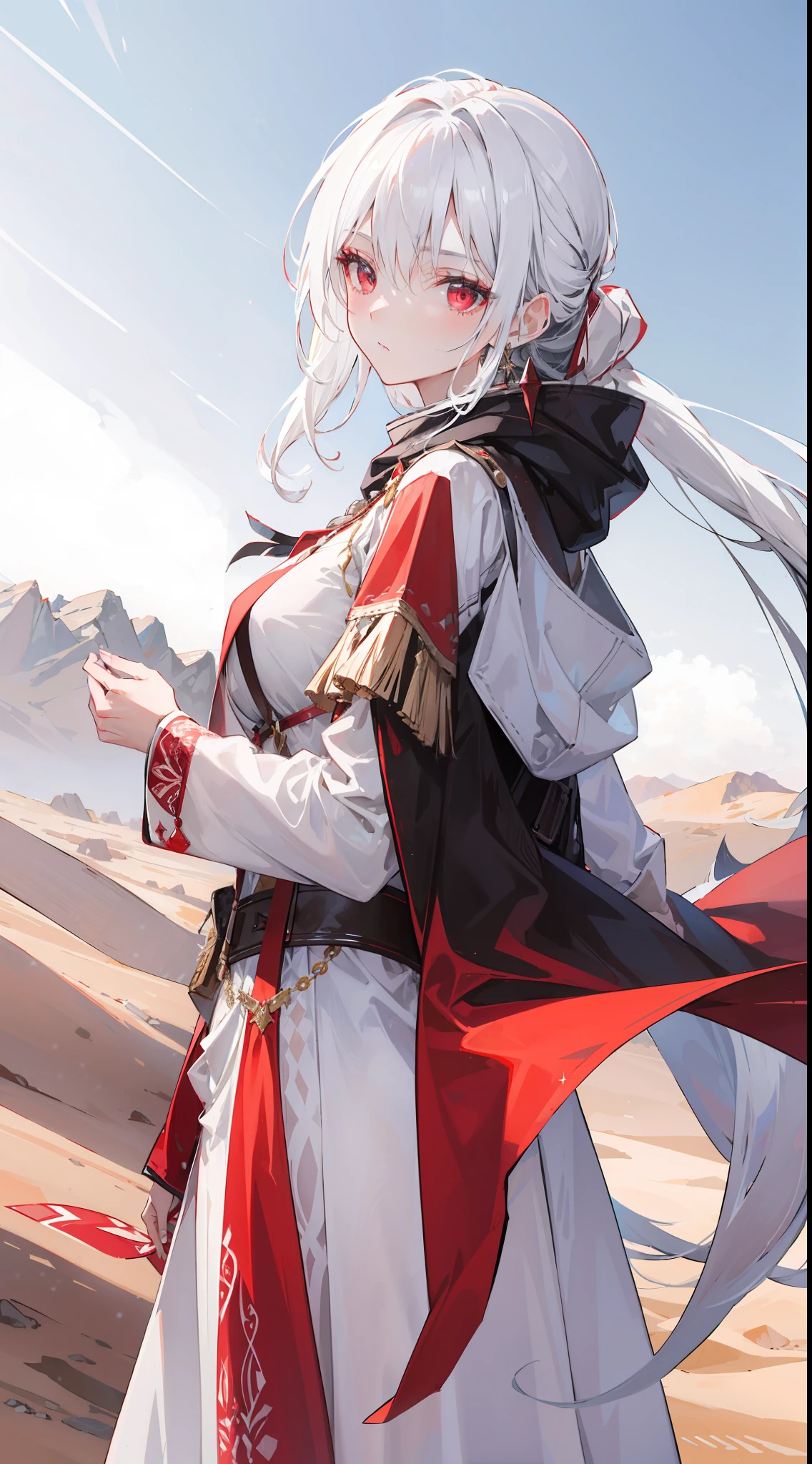 "Epic desert daylight atmosphere, stunning 4k artwork showcasing an elegant milf with her white hair tied up. Her deep red eyes pierce through the scene as she gracefully dons a white heroine cloak and hood in the midst of the vast desert."
