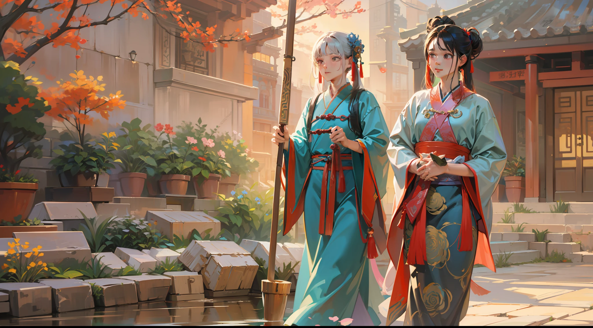 (((tmasterpiece))), Best picture quality,hyper HD,Ancient China,zona rural,Quadrangle,At the entrance of the courtyard,An old woman and a young woman,Handle,Ancient Chinese peasant image