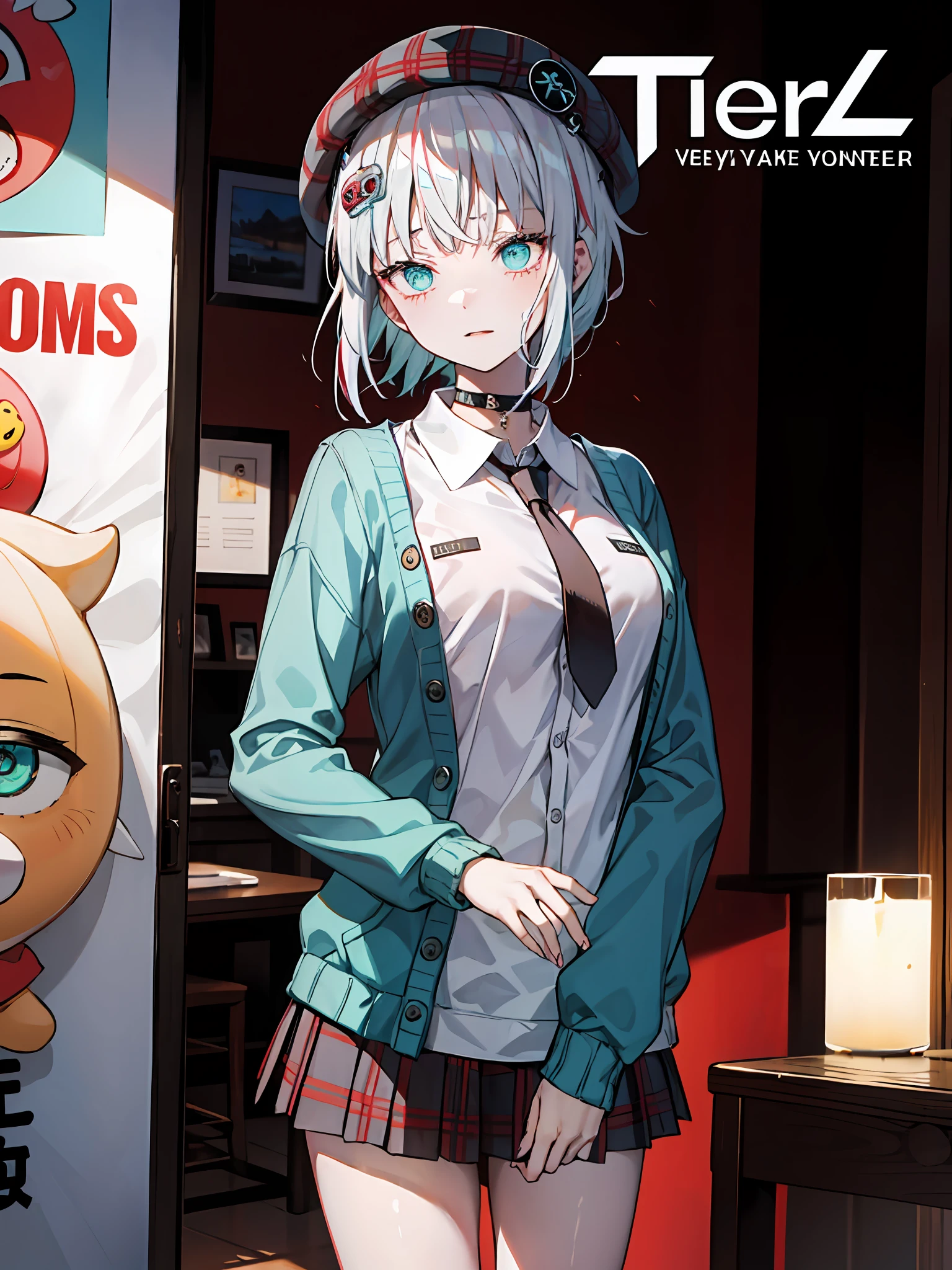 (((Dramatic)))、(((gritty)))、(((vehement))))The poster of the film appears as a central character。She is shy in the center of the poster、Wearing an idol costume、Has a determined look。The background is dark and rough、I feel like I'm drunk。Text is bold and eye-catching、Catchy slogans add to the overall drama and excitement。The color palette is dominated by dark colors.、Bright colors dotted、Make your poster dynamic and visually impactful、Tachi- e(magazine:1.3)、(cover-style:1.3)、独奏, Red gradient streak hair, short-hair, white hair, lillie(Wakka), Black beret, plaid skirts, a choker, Cyan Sweater Jacket, shirt with collar, Black plaid tie, sleeves past fingers, bluntbangs、Fashionable、with a vibrant、outfits、the pose、the front、colourfull、Dynamic、Background with、element、self-assured、Expressively、ngel、statement、attachment、An majestic、coiled、surroundings、Touch、The scene、Texto、covers、boldface、grab attention、Titles、lo fashion、Font、Catchy、Titles、Large、grab attention、moderno、 Trendy、concentrating、Stylish、1 girl in,a miniskirt