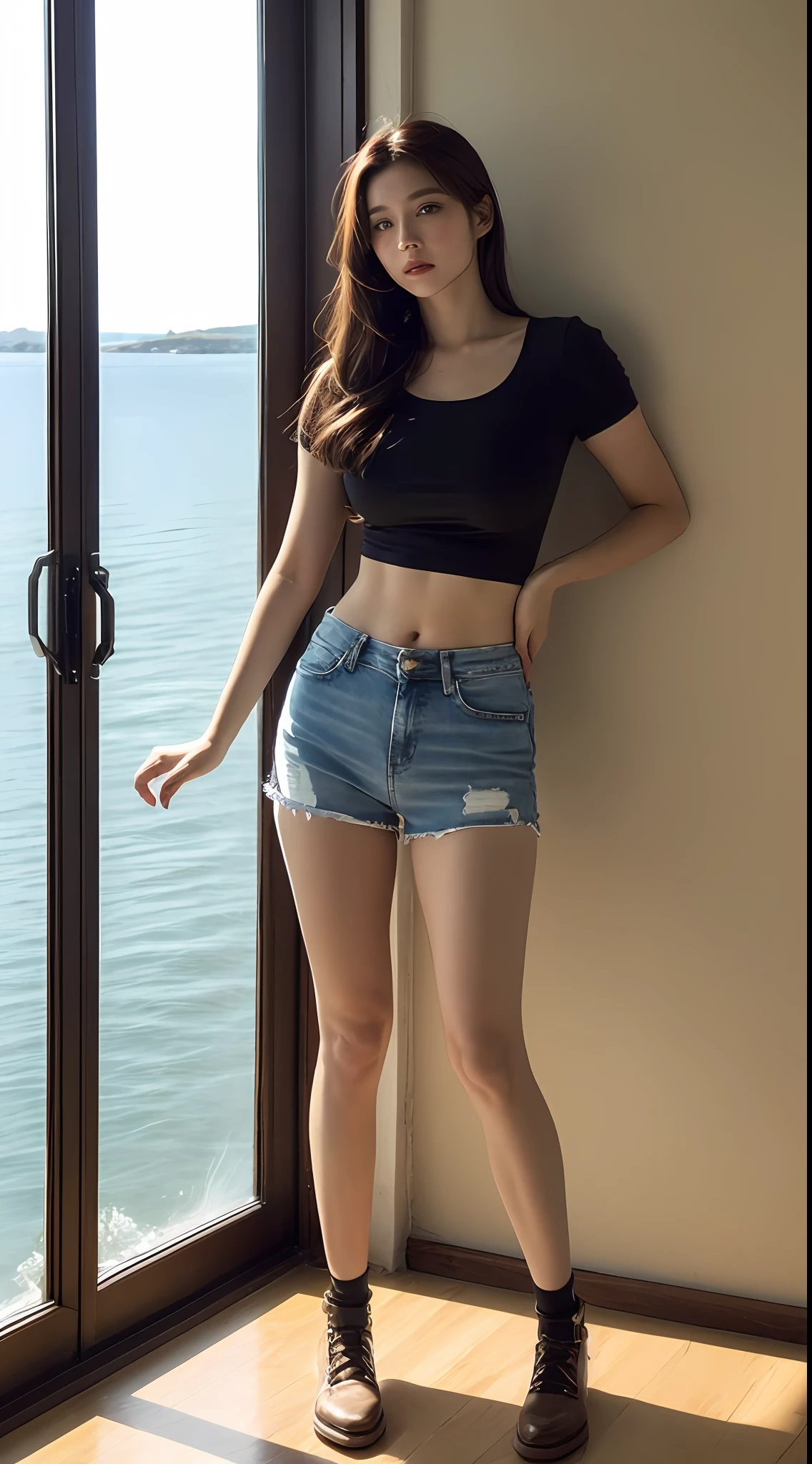 ((midynight, Need, 8K, tmasterpiece:1.3)), full bodyesbian, Long legs, Focalors:1.2, perfect figure beautiful woman:1.4, Slim abs:1.1, ((Dark brown hair, huge tit:1.2 )), (white tight t-shirt, Jeans shorts,standing on your feet:1.2), ((Sea view room,Glass window 1.3)), Highly detailed facial and skin texture, A detailed eye, 二重まぶた,the setting sun,Sweet and cute