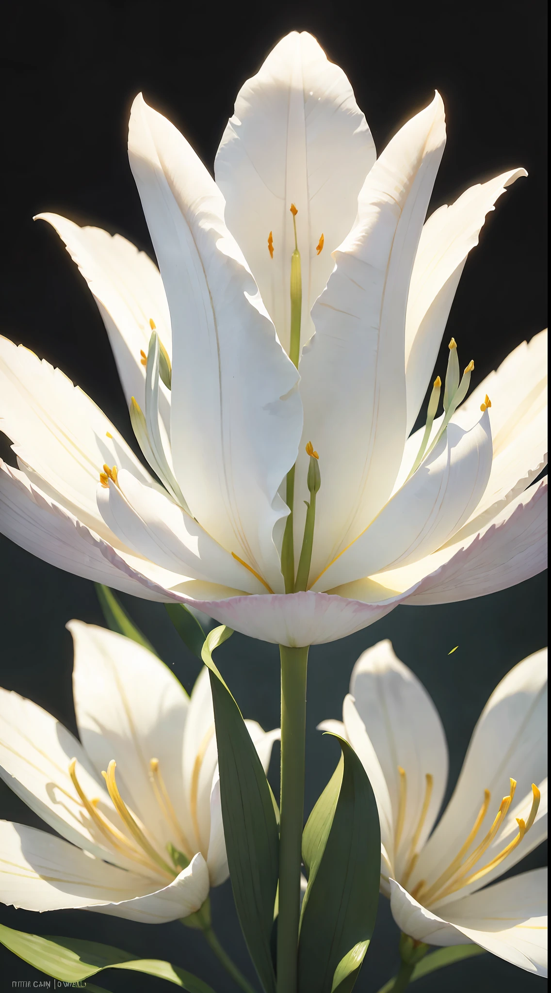 Close-up of lilies, high-precision picture quality, beautiful white background showing a lily picture. White lilies bloom towards us in pictures, capturing every corner of the human eye. The details of the petals are delicate and gorgeous, the exotic ears take on a sense of mystery, and the glowing details make the flowers look even more delicate. Improve the details of the stem and flower of the cosmic lily to make the picture more perfect.