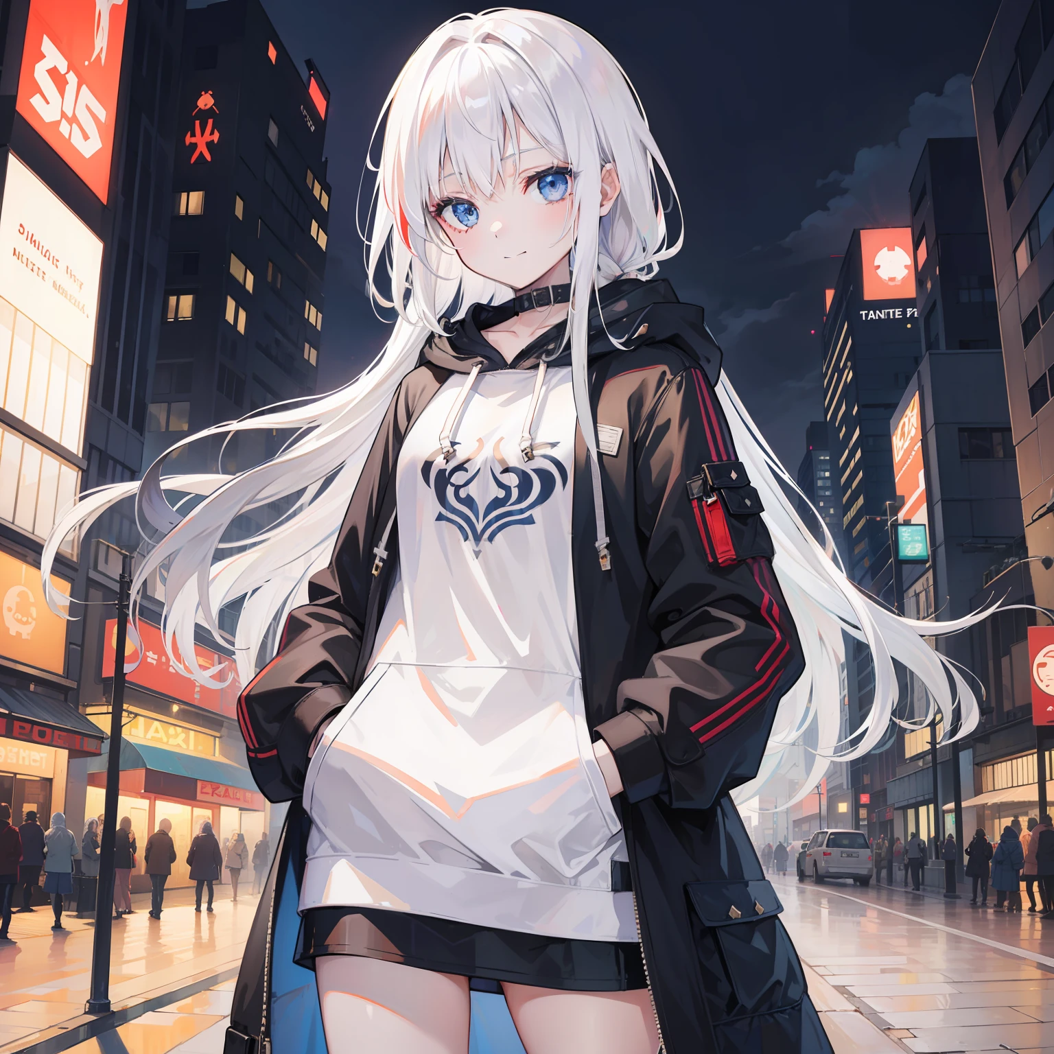 1girll, Small breasts,stitched face, patchwork skin, Closed mouth, Long_Hair, Light smile,City,street, White hair, ,stitched_face,Patchwork_skin,Cowboy shot,( Hoodie),(Hand in pocket),Open coat
