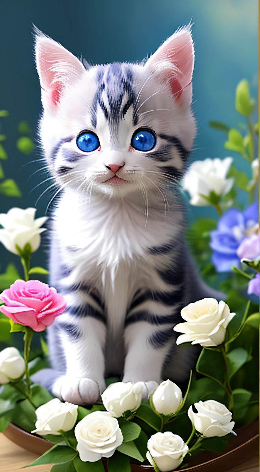One tail is small、The nose is small、The ears are small、Little kitten with blue eyes,pink back ground,fresh flowers,vases,dream magical,Open-mouthed,ssmile