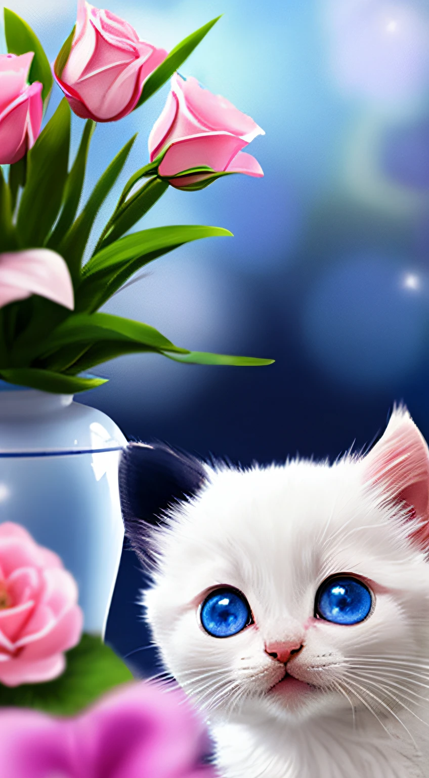 One tail is small、The nose is small、The ears are small、Little kitten with blue eyes,pink back ground,fresh flowers,vases,dream magical,Open-mouthed,ssmile