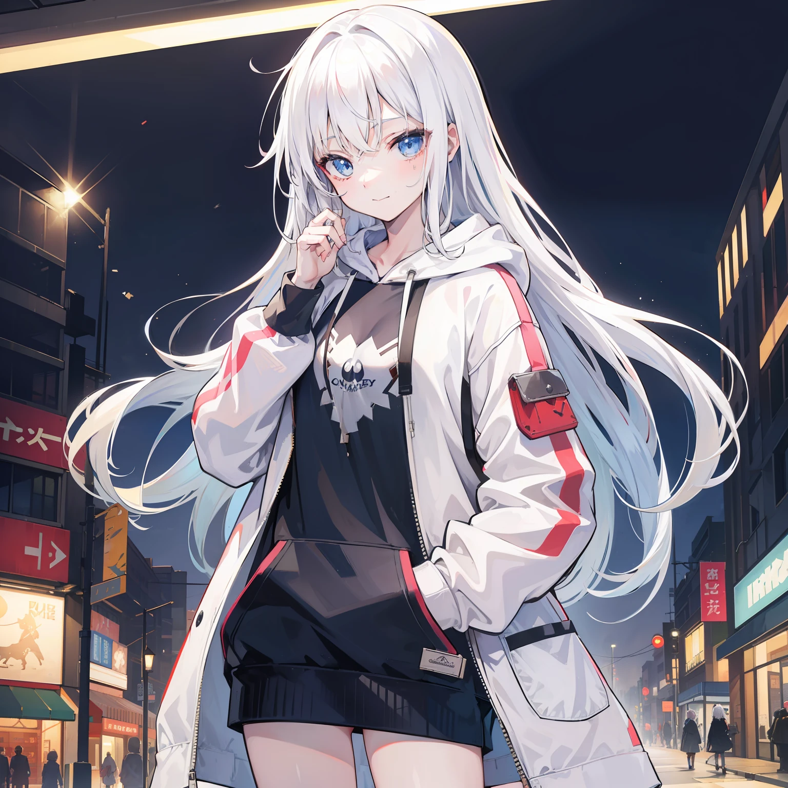 1girll, Small ,stitched face, patchwork skin, Closed mouth, Long_Hair, Light smile,City,street, White hair, ,stitched_face,Patchwork_skin,Cowboy shot,( Hoodie),(Hand in pocket),Open coat