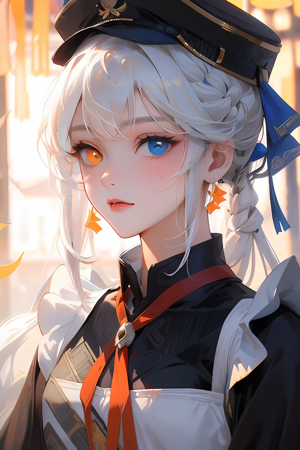 Masterpiece,High detail, 1girll, Kagura MEA, High quality, vtuber, White hair, double tails, maid apronl, Heterochromia, Black military cap, blue right eye,Orange left eye, White gloves, Blue ribbon,Blunt bangs, Iris, Highlight Eyes，Masterpiece portrait
