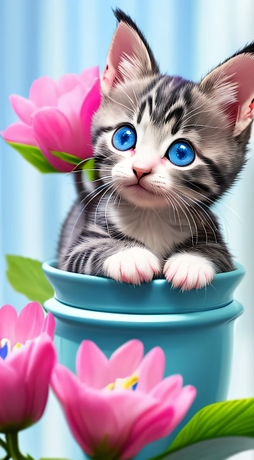 One tail is small、The nose is small、The ears are small、Little kitten with blue eyes,pink back ground,fresh flowers,vases,dream magical,Open-mouthed,ssmile