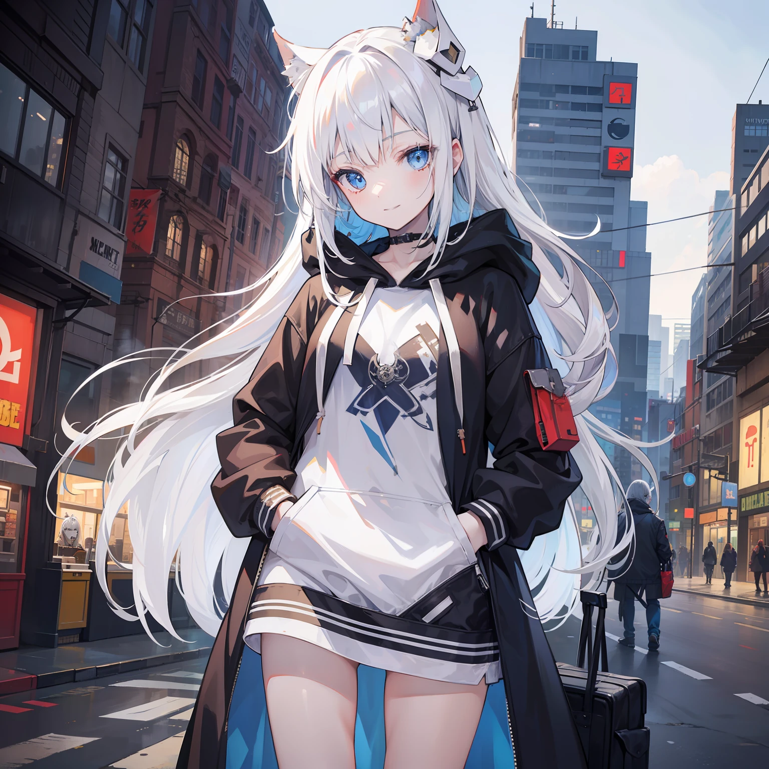 1girll, Small breasts,stitched face, patchwork skin, Closed mouth, Long_Hair, Light smile,City,street, White hair, ,stitched_face,Patchwork_skin,Cowboy shot,( Hoodie),(Hand in pocket),Open coat