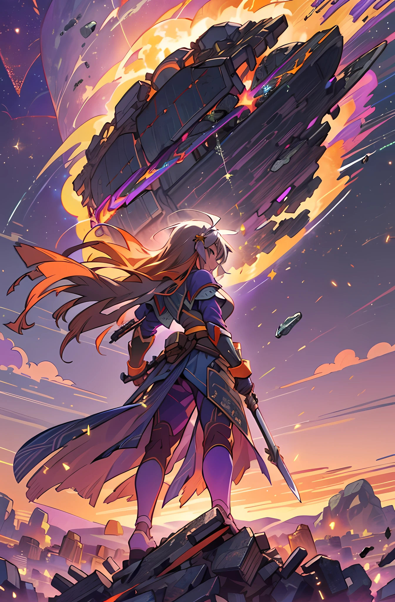1girl, solo, Masterpiece, best quality, ultra highres, extremely detailed CG, 8k wallpaper, full body, (stands on rubble), (back view), (from behind,) (from below, dynamic angle:1.4), (dual wielding swords, battle-mage armor, musume:1.0),sunset, (gradient sky, purple sky, orange sky, fire, sky, red sky, yellow sky, cloudy sky:1.2), molten rock, burning, explosion, mountain, look forward, strong pose, (huge meteorite falling from the sky:1.4), debris, floating hair,