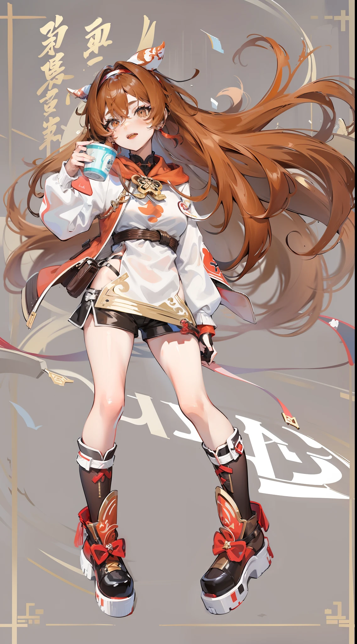 amber \(Genshin Impact\),red hairband,Two headbands floated in the air,Brown eyes,Brown hair long,white stockings,Leather glove,brown shorts,Big perspective,Be red in the face,perky-,Neck goggles,crossed bangs,hair between eye,Casual sweatshirt,Loose sweatshirt,white colors,A sweatshirt with a red pattern in the middle,On rainy streets,soggy,Be red in the face,middlebreast,Modern town square,Chinese city,Drink in hand,夏天,ssmile,shinning,depth of fields,full bodyesbian,White boots,leg loops,Leg box
