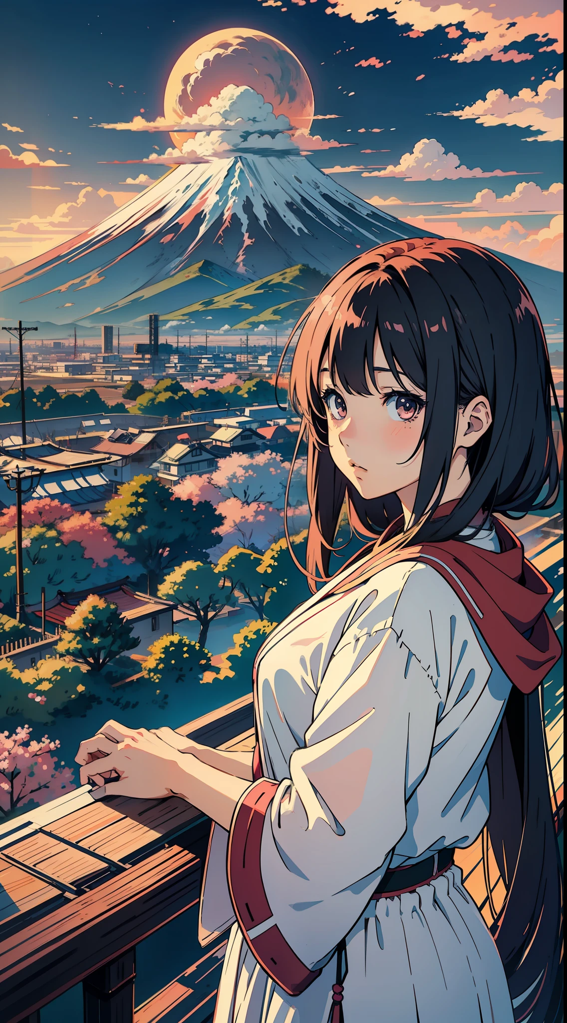 Anime style design of girl look foword Sakuras with fuji mound in background and clouds in sky with sunset colors