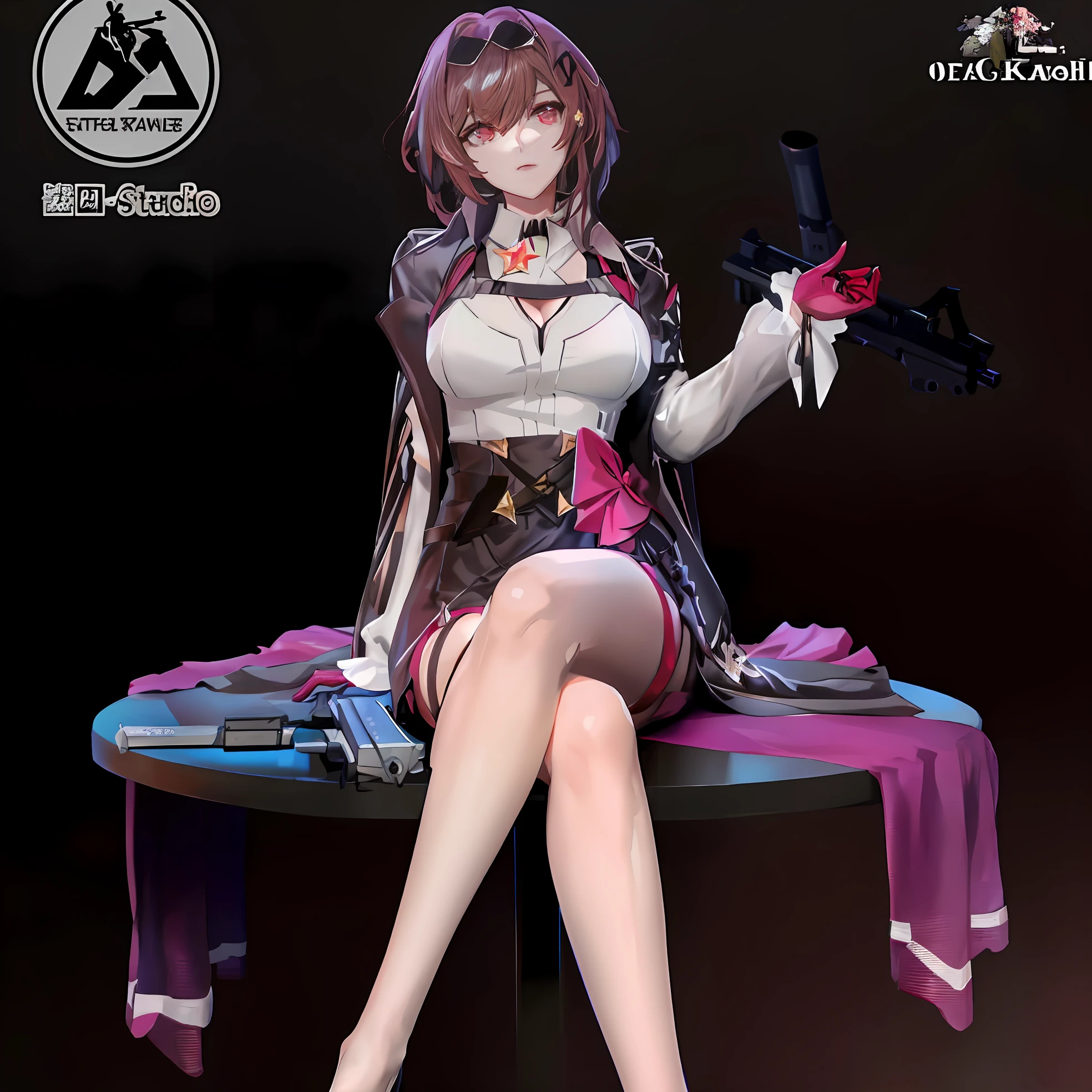 The Arafed Woman, sitting on a table with a pistol and a pink dress, M4 Sopmod II Girls on the Front Lines, fine details. girls frontline, from girls frontline, ( Very detailed figure ), girls frontline cg, 8k octae render photo, girls frontline style, mechanized soldier girl, 8k high quality detailed art, female action anime girl, Кафка из Honkai Star Rail