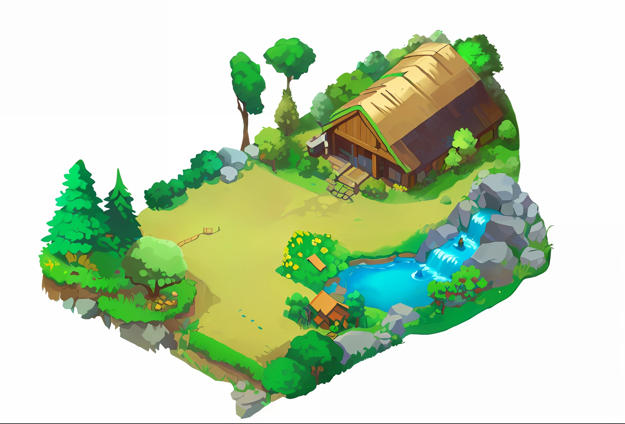 A high resolution，HighestQuali，illustratio，Game scene design，zoo，Top angle of view，Game scene concept design，European and American cartoon style，casual-style，American Zoo，Zoos should have trees，steins，One or two animals，tussock，bushi，pond。