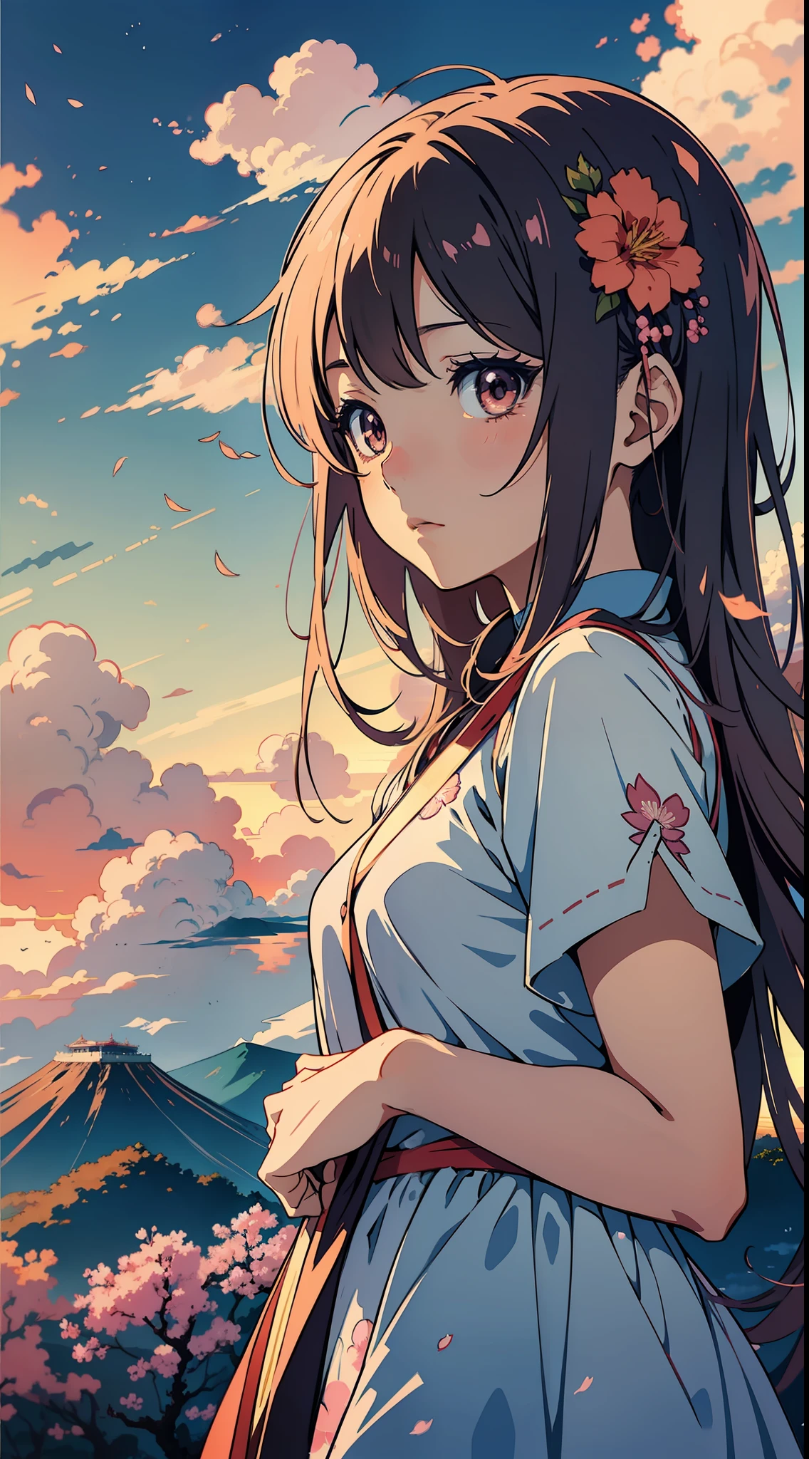 Anime style design of girl look foword Sakuras with fuji mound in background and clouds in sky with sunset colors