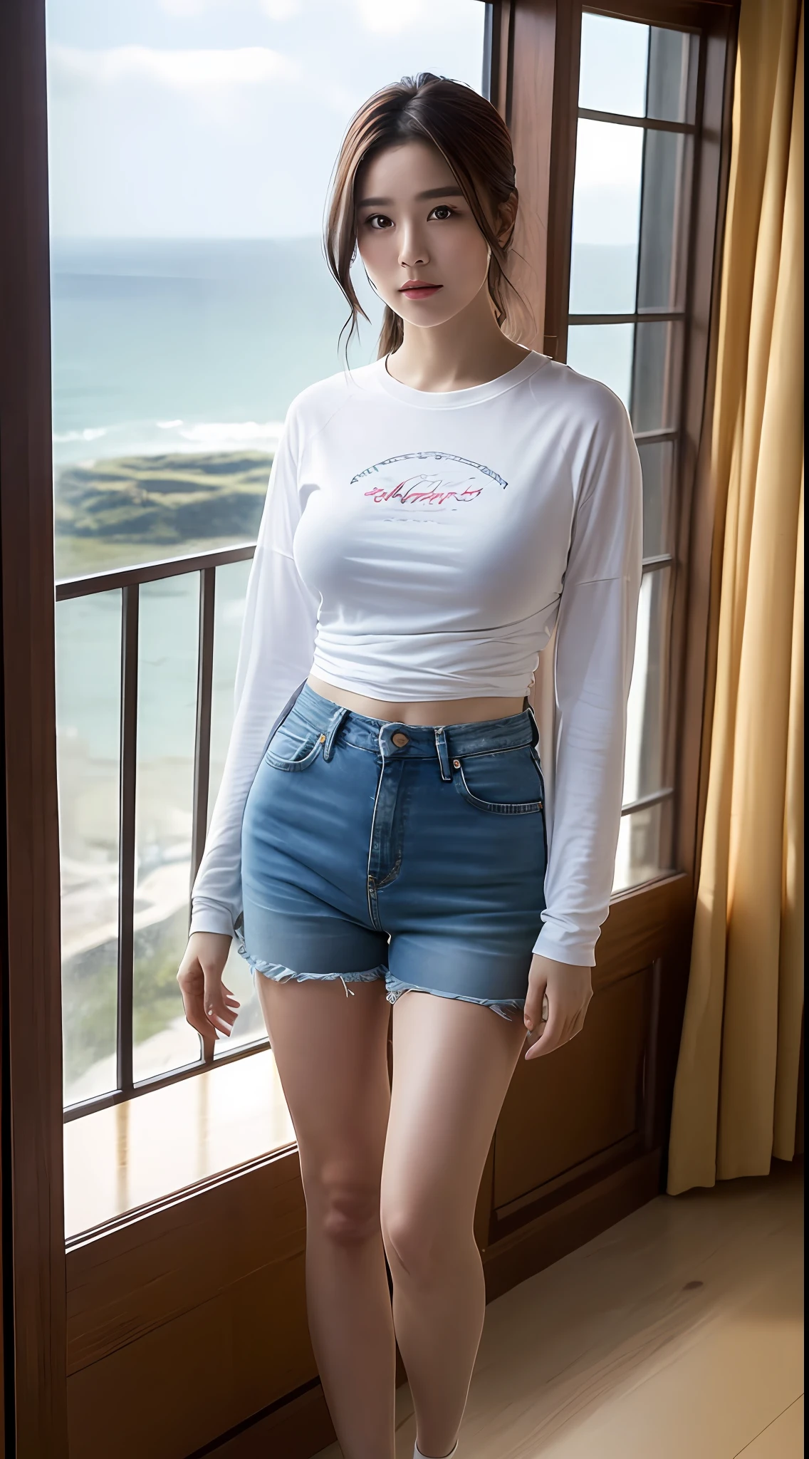 ((midynight, Need, 8K, tmasterpiece:1.3)), full bodyesbian, Long legs, Focalors:1.2, perfect figure beautiful woman:1.4, Slim abs:1.1, ((Dark brown hair, huge tit:1.2 )), (white tight t-shirt, Jeans shorts,standing on your feet:1.2), ((Sea view room,Glass window 1.3)), Highly detailed facial and skin texture, A detailed eye, 二重まぶた,the setting sun,Sweet and cute