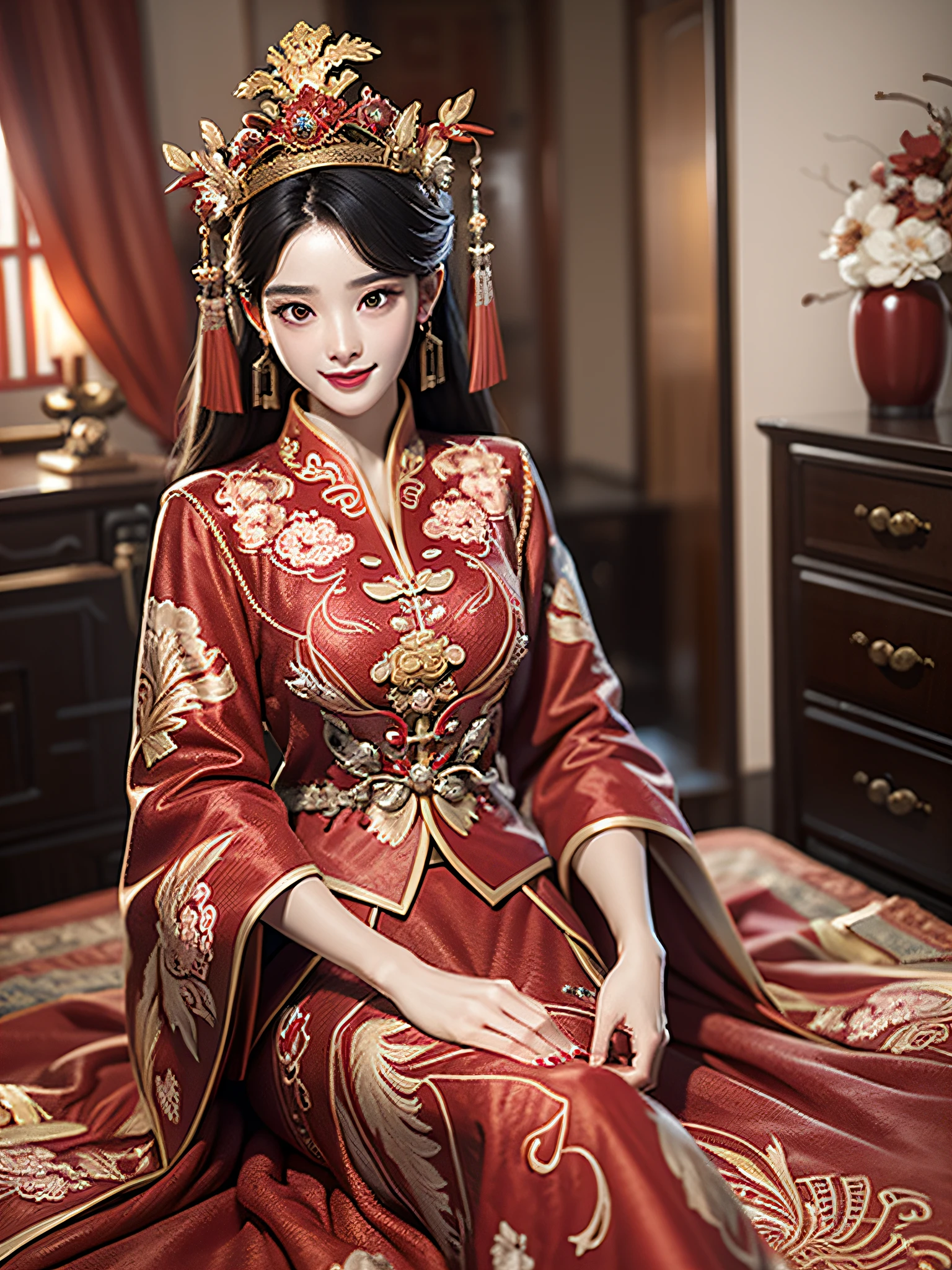 (Best quality: 1.1), (Realistic: 1.1), (Photography: 1.1), (highly details: 1.1), A man wears a red and gold dress,Woman with a crown on her head, A hair stick, (sitting on red bed), Blushing, Shy, black_Hair, crown, Looking down, (2 red candles), Chinese_clothes, Curtains, Earrings, Hair_decorations, Hanfu, interiors, jewelry, Long_Sleeves, Red dress, Redlip, nipple tassels, (Red quilt), (red palace: 1.2), (3DMM: 1.5),mix4,