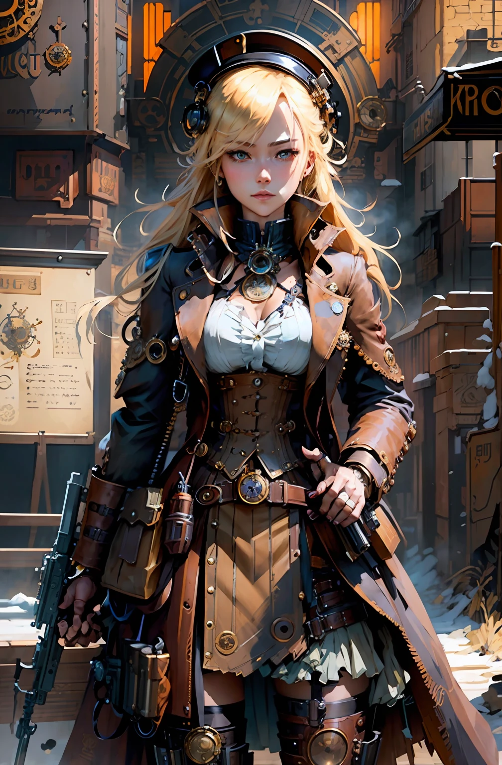 blond haired woman in a steampunk outfit holding a gun, guweiz on artstation pixiv, steampunk beautiful anime woman, guweiz on pixiv artstation, artwork in the style of guweiz, cushart krenz key art feminine, trending on artstation pixiv, stunning character art, cyberpunk anime girl, detailed anime character art, steampunk concept art