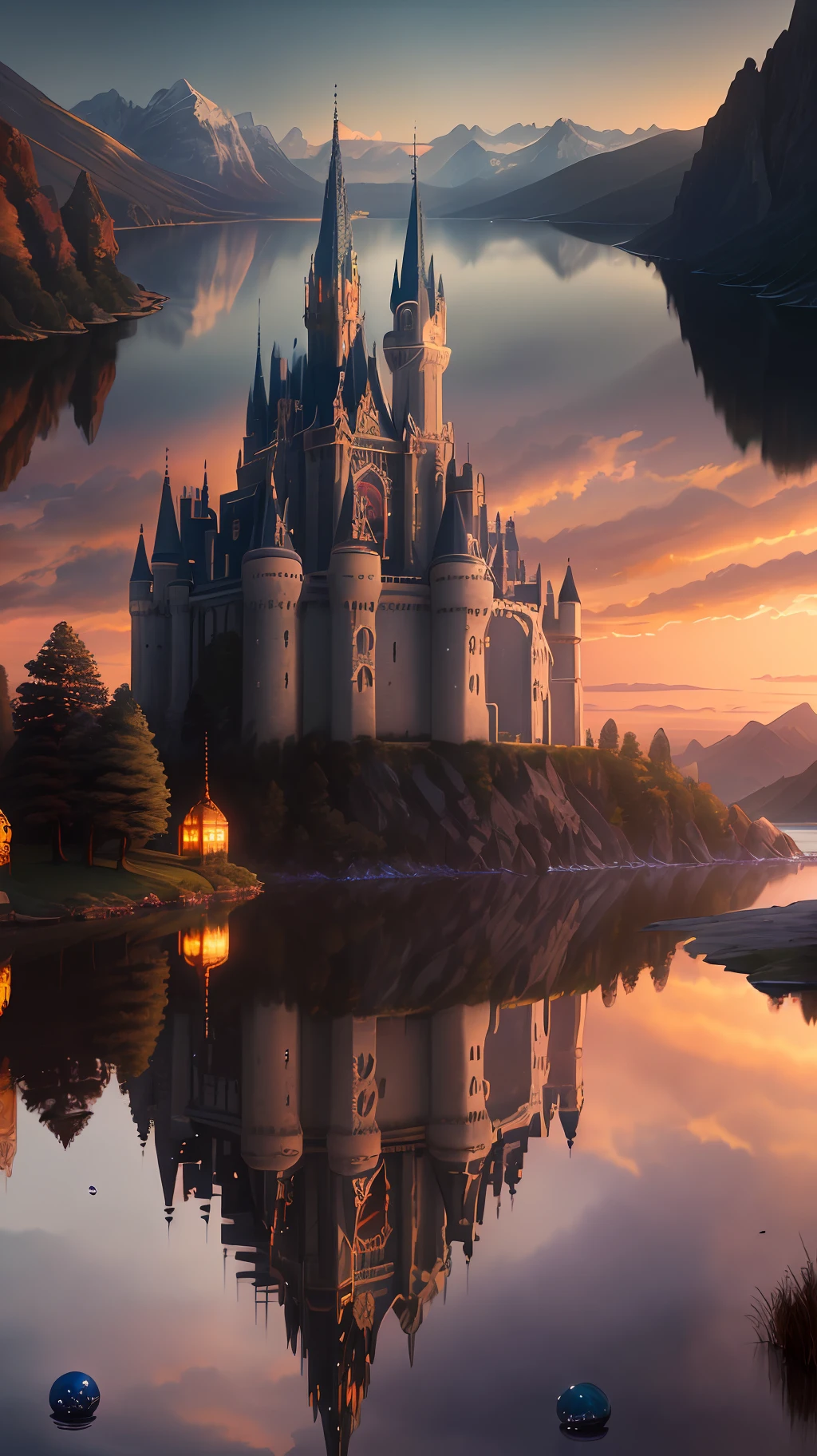 Masterpiece, best quality, high quality, extremely detailed CG unity 8k wallpapers, landscapes, perfect reflections, stunning water surfaces. Outdoors, sky, clouds, dusk, no humans, castle, gothic, visual paradox. Mountains, landscapes, water, trees, blood moons, waterfalls, cliffs, nature, lakes, rivers, cloudy skies, detail enhanced, detail enhanced, flawless. award winning photography, bokeh, depth of field, hdr, bloom, chromatic aberration, photorealism, highly detailed, intricate, high detail, dramatic, magic castle