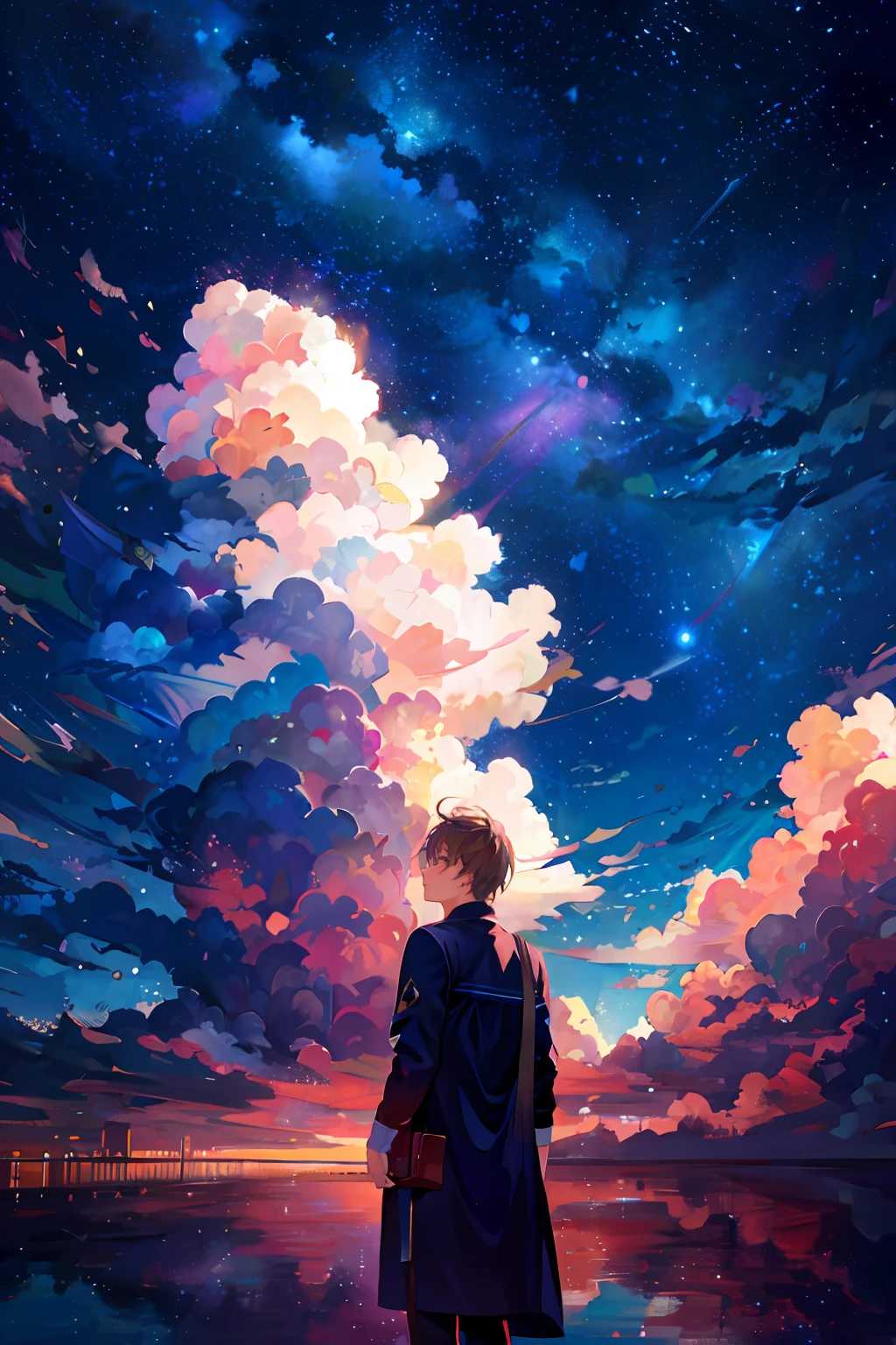 masterpiece, best quality, 1boy, clouds, starry, sky, colorful
