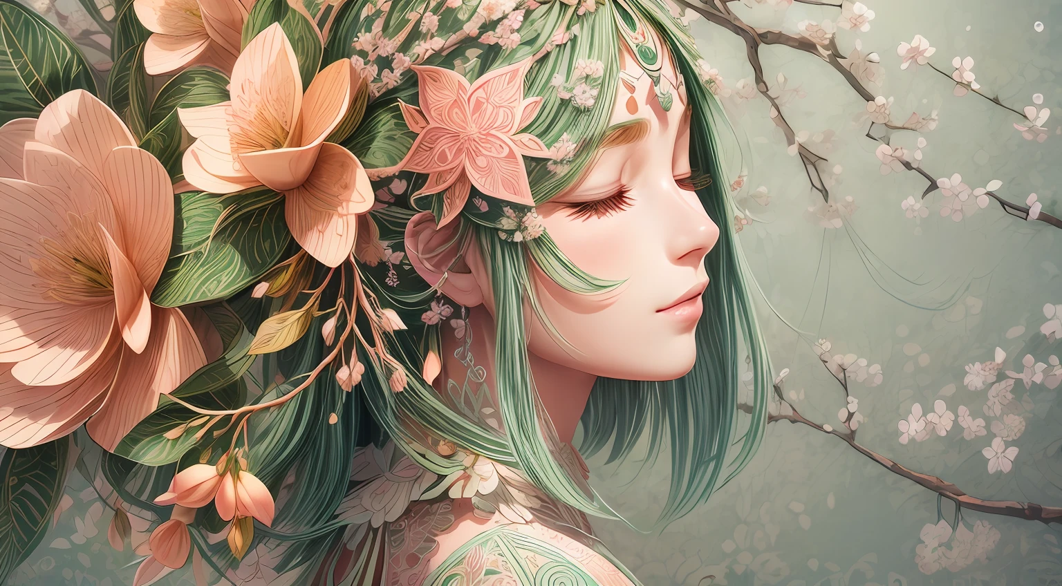 (illustration:1.3),paper art, zentangle，3D rendering，White background，Winter，(Beauty side face,close eyes:1.3)，(plum blossom:1.2), Colorful, Best quality, Detailed details, Masterpiece, offcial art, Cinematic lighting effects, 4K,