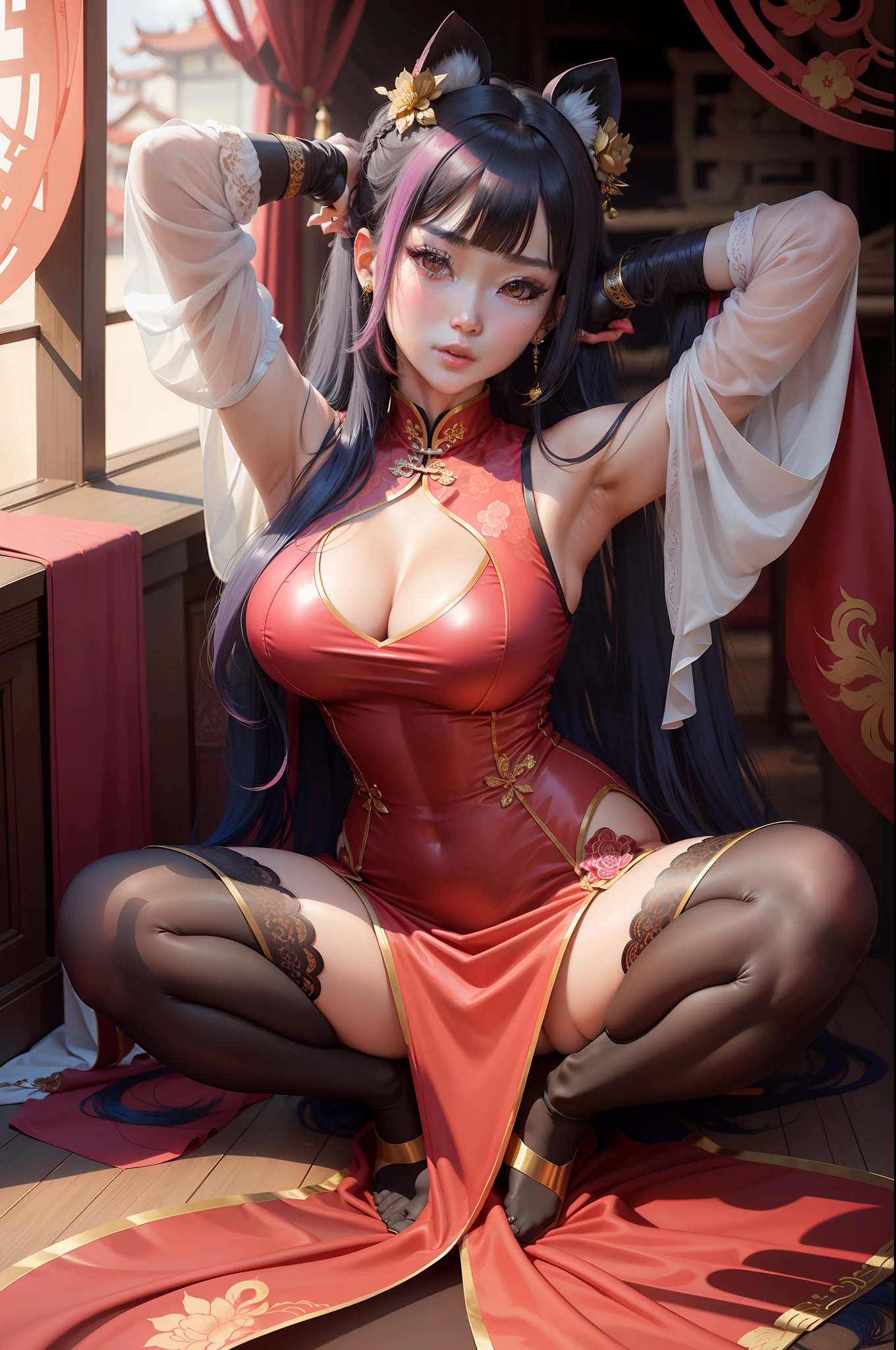 Large breasts, Blue hair, upper legs, white thighhighs, Pink clothes, Long legs, No bra, High heel, Pink eyes, Heart eyes, Bare_hindquarters, bangs, areola of breast, Chinese dress, Fat ass, hair tying, wears_navel, Looking_at_peeping at the viewer, Arms_Behind_Head, Blush, Sleeveless_dress, Long hair, cosplay,Fantastic，The back of the hand is behind the back，Broad lighting，Glossy Clothes,Chinese-style architecture，China-style，gazebo，Lace，Quaint，Tight cheongsam，Long cheongsam，Chinese style cheongsam，on cheongsam，Gold ornaments，(Elbow gloves:1.0),Silk gloves， Chinese dress, Fat ass, hair tying, Looking_at_peeping at the viewer, Arms_Behind_Head, Blush, Latex cheongsam, Long hair, cosplay,Fantastic，The back of the hand is behind the back，Hands up behind your head，Broad lighting，Glossy Clothes,Chinese-style architecture，(Tight cheongsam:1.0)，Chinese style cheongsam，on cheongsam，Gold ornaments，Over the sleeves,(on cheongsam:1.0),(Put your hands behind your head:1.0),Facing the viewer,Beds,high-heels,(stocklings:1.3),Lace wreath on the legs,bangle,eardrop,choker necklace,jewelery,Ribbons,lace-trim,Heavy makeup,long whitr hair,High ponytail,hair straight,Princess cut,Be red in the face,Seductive smiles，Qi bangs，latex，(Black gloves:1.0)，perfect bodies，Pink hair，fox ear，Qi bangs，multicolored hair,Arms up,(Open legs:1.0),curvy hip,spread_Legs,Kneeling，Pink cheongsam，Pink clothes， --auto