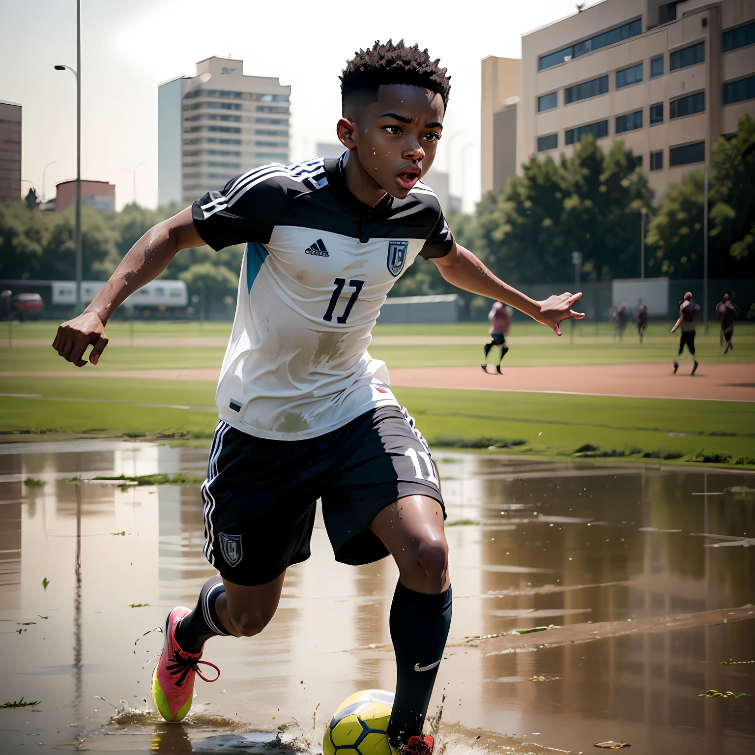 Action picture of a young black inner city boy playing soccer on a muddy field --auto