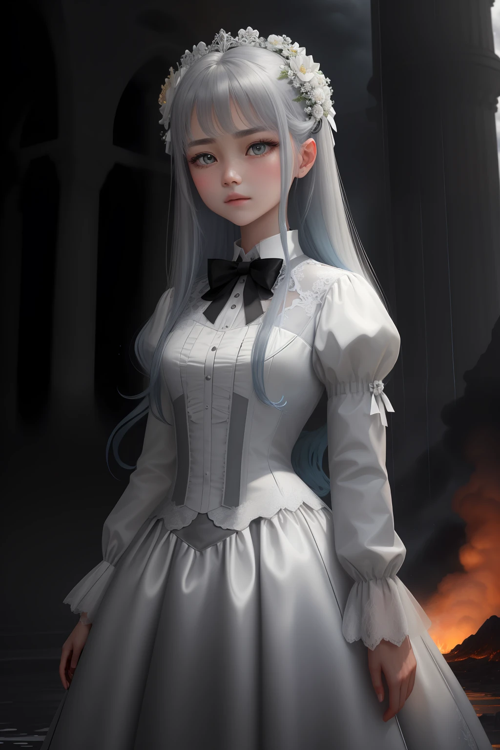 masterpiece, exquisite, illustration, {beautiful and meticulous girl}, beautiful and detailed halo, (fire of war: 1.2), (nuclear explosion behind: 1.3), rain, detailed lighting, detail water, (beautiful and detailed eyes: 1.1), expressionless, palace, sky blue hair, scattered hair, long bangs, eyebrows, (white-gray dress: 1.1), black ribbon, white bow tie, upper abdomen, big forehead, dull, flower, long sleeves