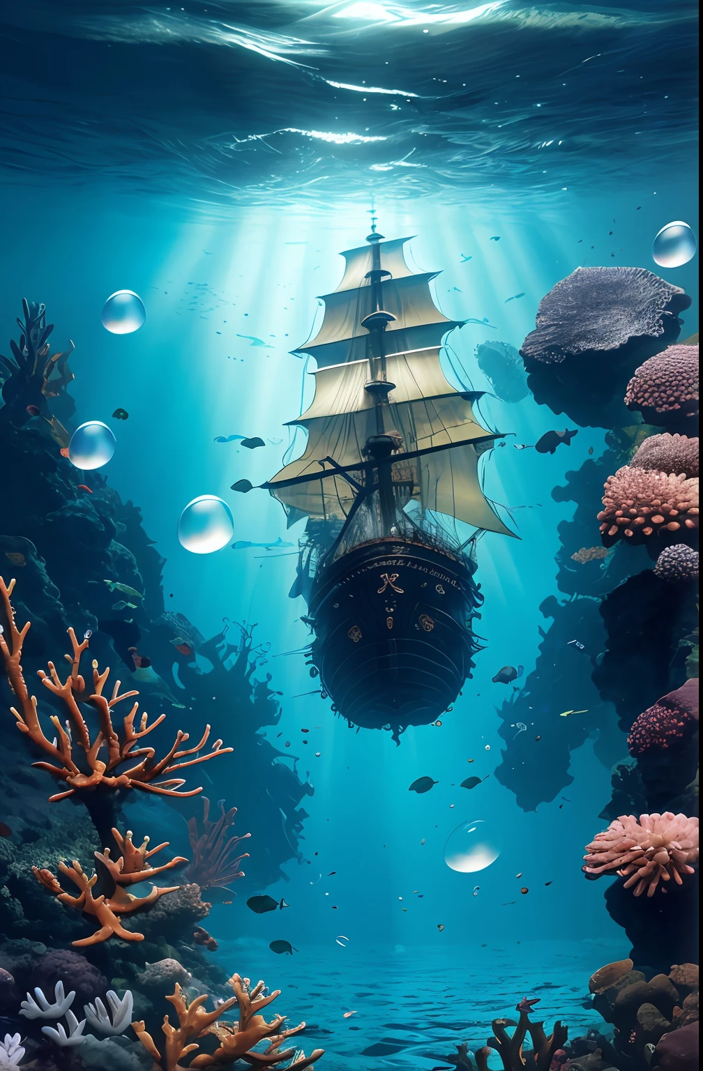 Dark tones, deep darkness, light in the dark, masterpiece, best quality, high quality, very detailed CG, very detailed, intricate, high detail, dramatic light and shadow, art and masterpiece, 8k, deep underwater world, dim Colors, a beam of light on a boat, seabed rocks, sand and gravel, dark background with several air bubbles, transparent air bubbles, refraction and reflection of air bubbles, --v 6