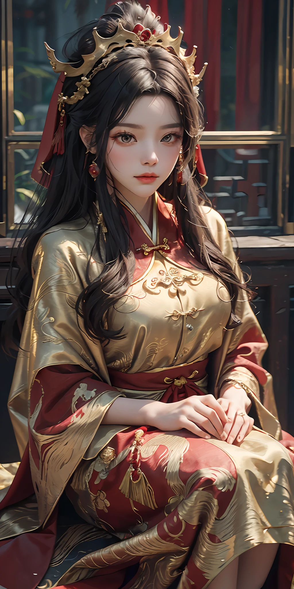 Arad woman in a red dress and a golden crown, Hanfu, Palace , A girl in Hanfu, Wearing a luxurious silk cloak, wearing gilded red robes, dressed in a beautiful red cloak, Wearing ancient Chinese clothes, Red robe, Inspired by Qiu Ying, Red robes, with acient chinese clothes, long torn red cape, red capelet