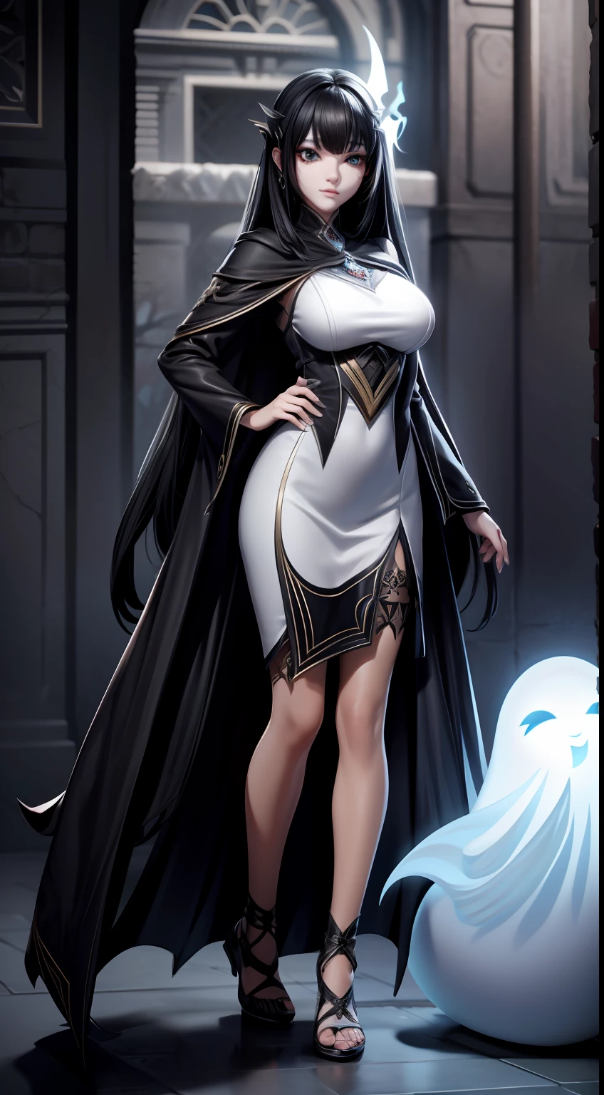 solo, super fine photo, full body photo picture Unreal Engine 5 8K UHD, beautiful girl, black hair, white thin dress, female ghost, banshee, black eyes with black tears, fantasy theme, fantasy design, beautiful make up, best quality, masterpiece, unified 8k wallpaper, super detailed, sharp focus