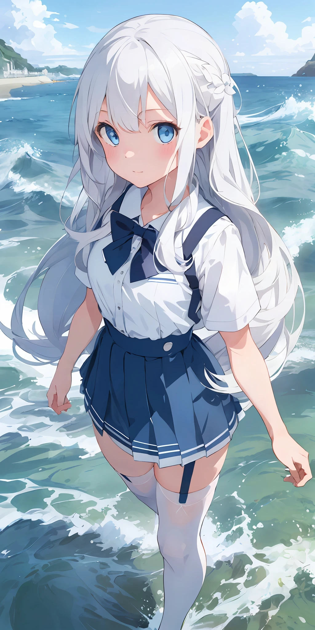 1girl, beautiful detailed eyes, long white hair, light blue eyes, school uniform, high white stocking, lustrous skin, seaside, sea, waves, , high contrast, ((masterpiece, best quality))