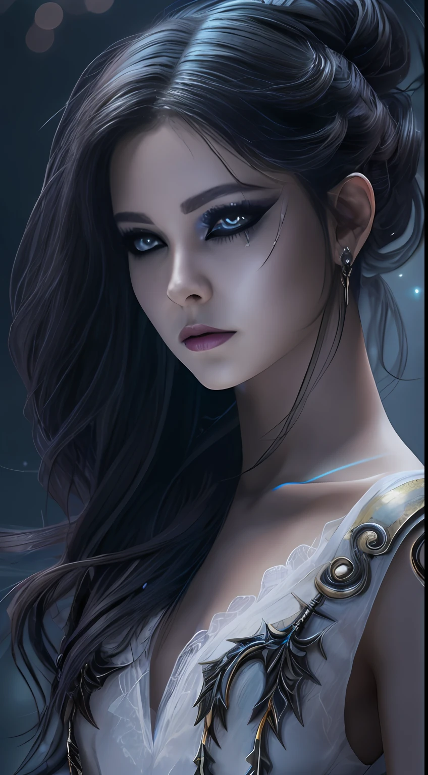 solo, super fine photo, full body photo picture Unreal Engine 5 8K UHD, beautiful girl, black hair, white thin dress, female ghost, banshee, black eyes with black tears, fantasy theme, fantasy design, beautiful make up, best quality, masterpiece, unified 8k wallpaper, super detailed, sharp focus. --auto