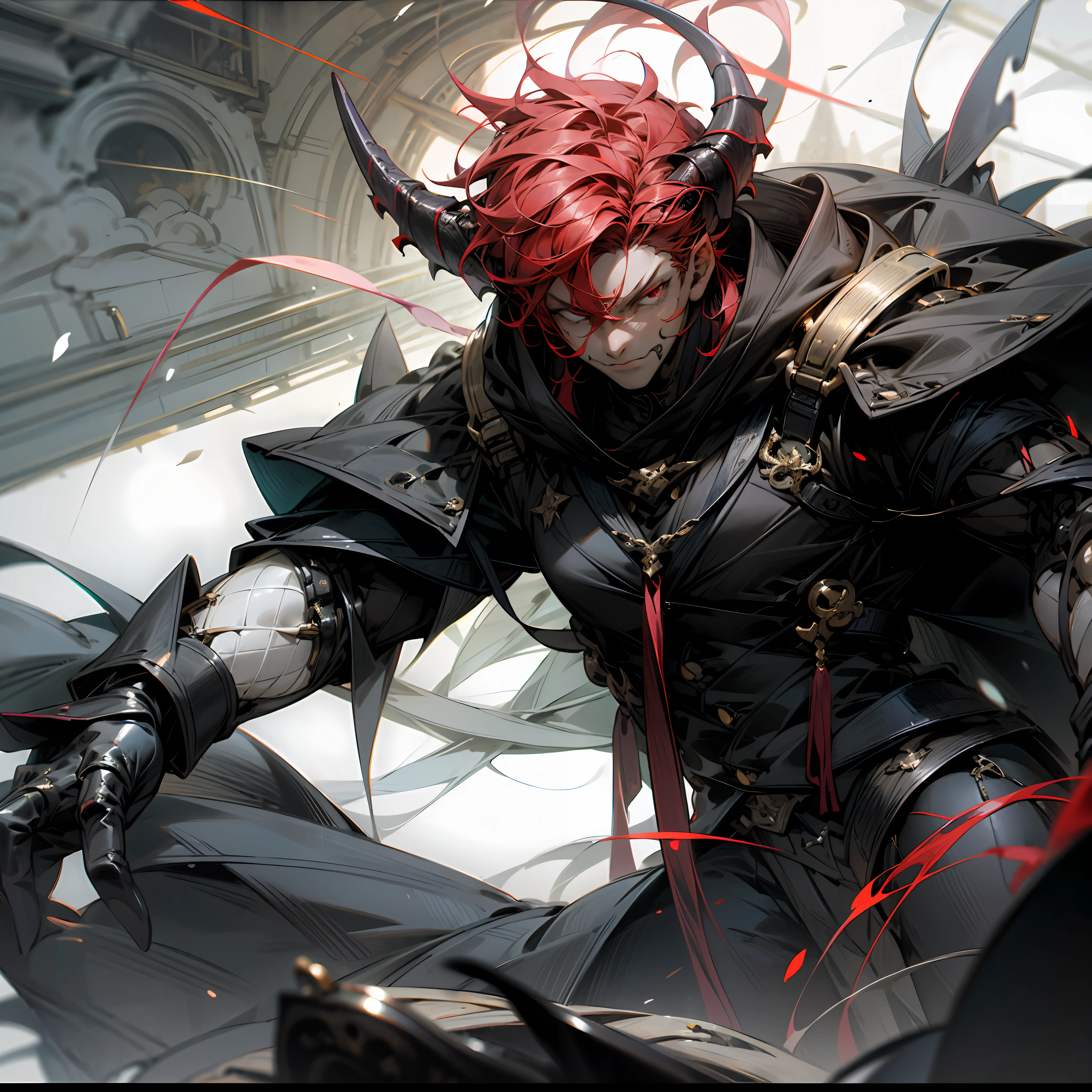 Masterpiece, High quality, illuminating\(obeyme\),illuminating\(demon\),Male_Focus, Solo, 1boy, Black gloves,Red eyes, view the viewer, Cool,From below,鎖骨,loosen tie,first person perspective,Kabe-Don,defiance, --auto