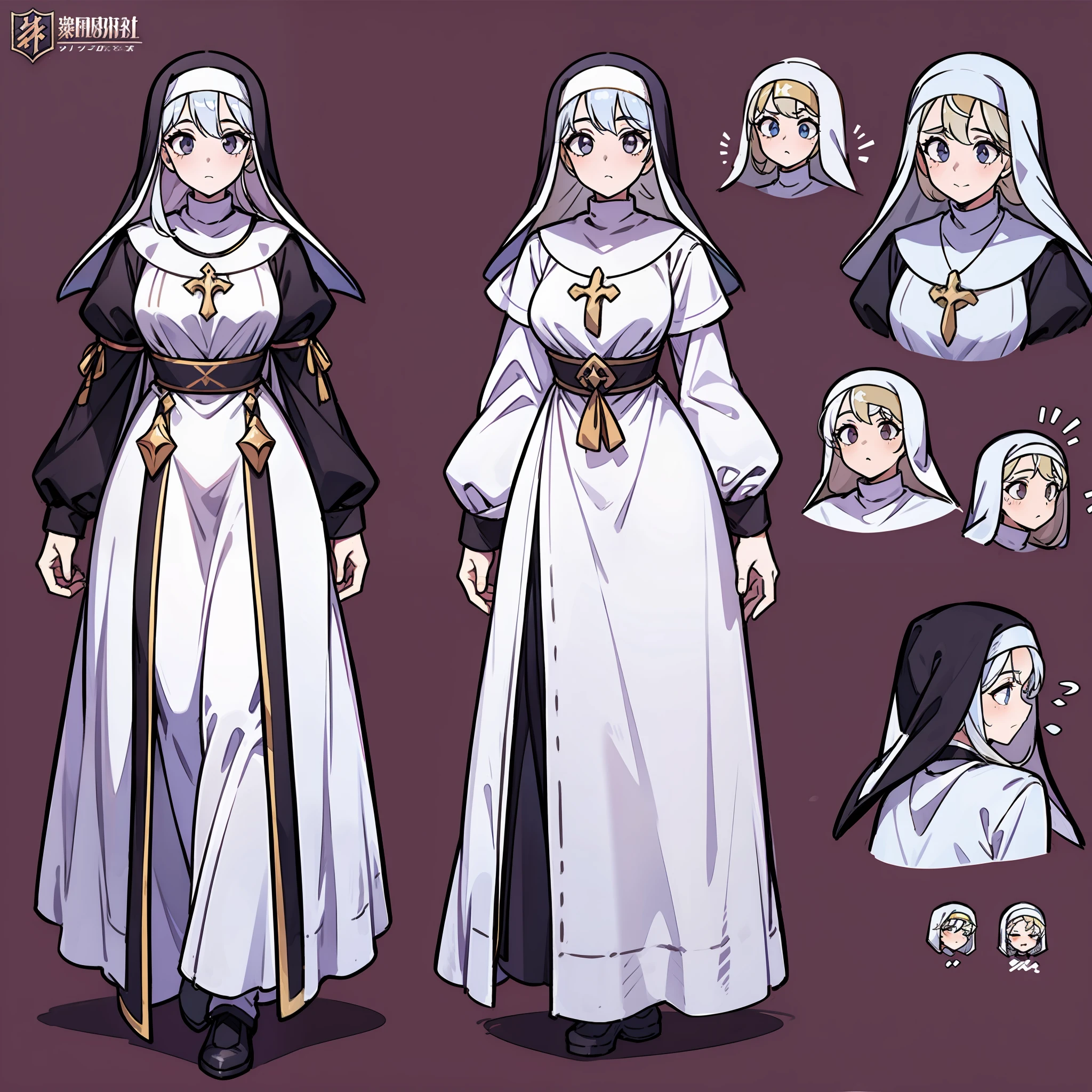 Mature sister，white color hair，Dressed in nun clothes，concept-art，concept art of character，Character sketches，reference sheet，Role table，（simplebackground，white backgrounid： 1.3)