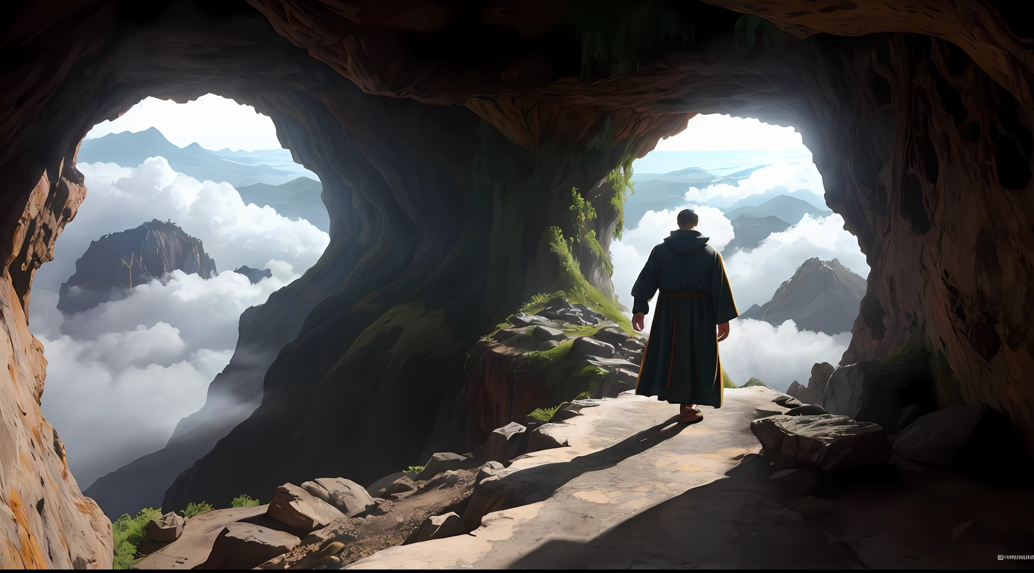isaias usando capa, God speaking in the clouds not to be afraid, robes and arms of cloak raised on a broken earth, castelo, muralhas, reinado, luz de lava brilhante de baixo do campo de asteroides (rochas irregulares, pedregulhos e detritos disparando para o ar:1.3) (tempestade de detritos de poeira ventosa:1.1) Volumetric mist mist ray tracing z pass bright light from below, (obra-prima) (melhor qualidade) (detalhado) (8k) (cinematic lighthing) (foco nítido) (intrincado)