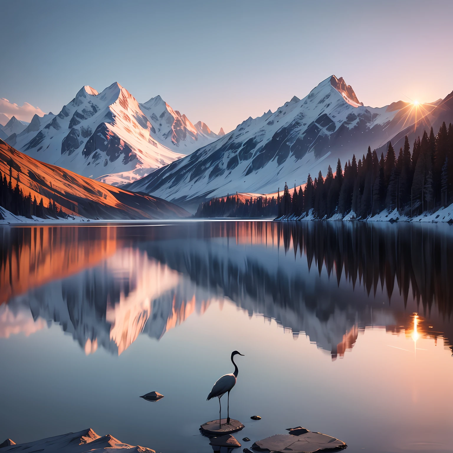 (A purple lake:1.7),The edge is directly connected to the grass,A large expanse of mountains in the distance,(The mountain is covered with snow and ice1.5),Hidden in the mountains are scattered with three or two houses。A sun came from among the mountains、Glide down between glaciers,Light shines through the valley,Reflecting the sparkling surface of the lake。On the lake,(Several cranes are looking down to drink water:1.5),They stand firmly on the surface of the lake,Fairy wind road bone,graceful and dignified。(high qulity:1.5)(fanciful:1.5)(high detal)(high high quality)4k(late sunset:1.7)(Hopeful:1.3)(photorealestic:1.9) --auto