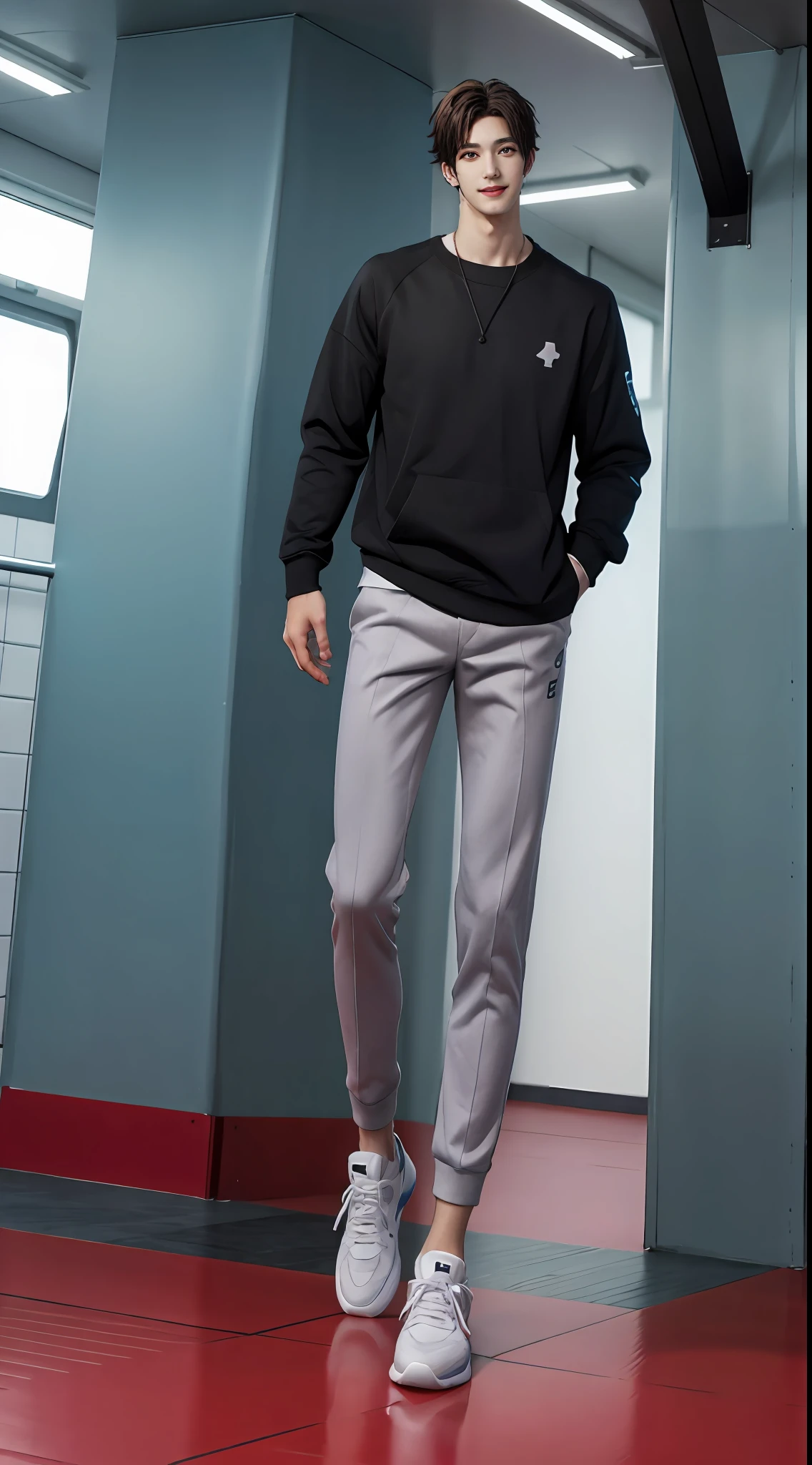 (A lovely Shota),full bodyesbian,malefocus,Looking_at_peeping at the viewer,Male_Focus, old,Tall,(Tall guy:2),Super tall,(300cm height:2),Excellent body proportions,(slender leg:2),small heads,(Cute and beautiful boy:2),(The face of an anime man),(Very detailed beautiful face and eyes:2),(Big bright eyes),Sharp eyeliner,Clear and beautiful face,with short black hair,(Straight facial features),(low head),(having fun,grinning smile),Men's sweatshirt,musculous,Wide shoulders and narrow waist,Blue sport men's socks,Basketball shoes,Detailed muscle texture,Highlights muscle structure,In the subway,the night,(Sit Pose),(full length shoot),Front view,hyper photorealism, (Photorealistic detail), Incredible accuracy, lifelike textures, masterful technique, Jaw-dropping precision, artistic dedication,(anatomy correct),a slight light,exquisite detailing,Best quality,stunning masterpiece,CG
