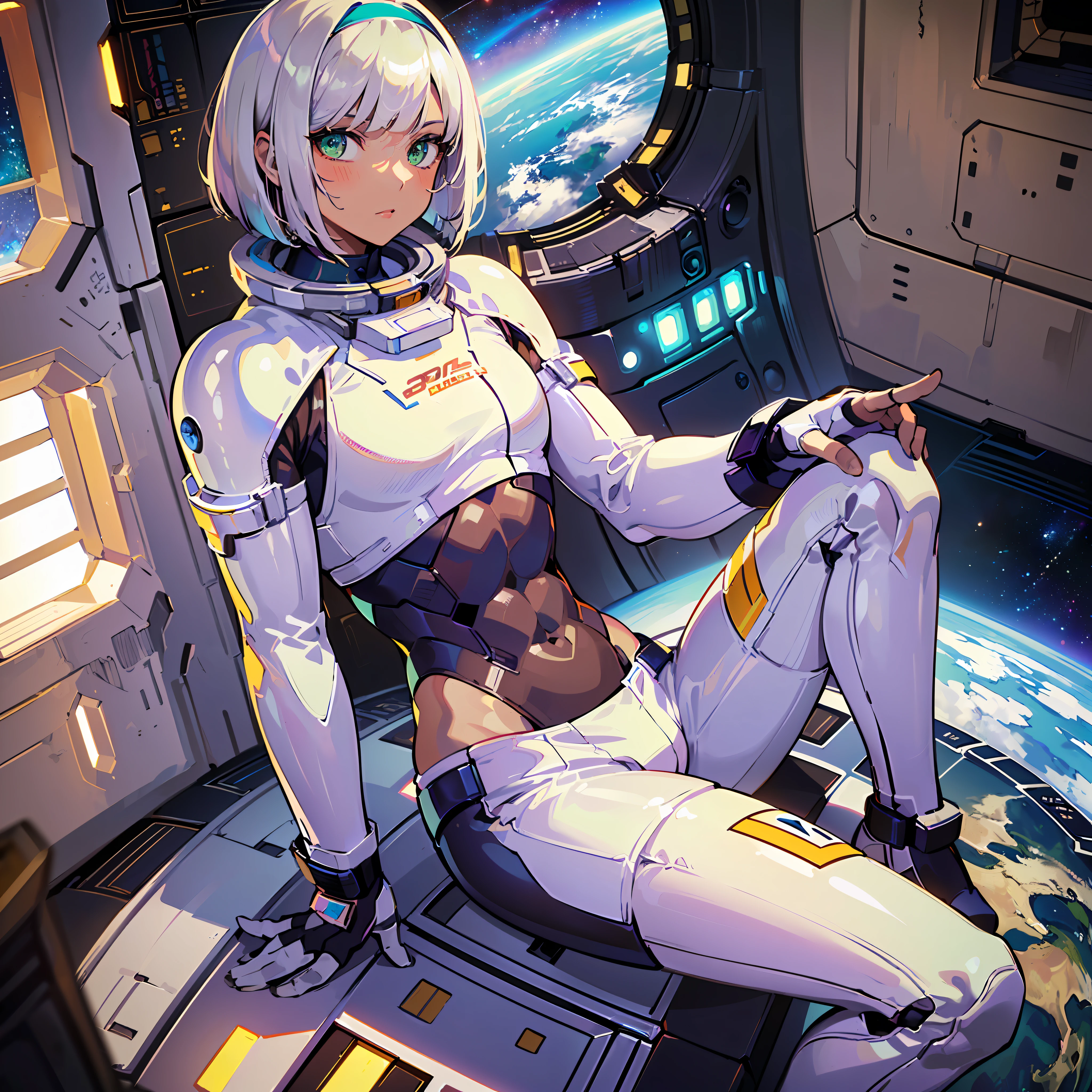 ((Masterpiece)), ((Best Quality)), ((Best Quality)), (Illustration of One Boy), Full Body, ((Bishonen)), (Man's Daughter), (Neutral), (((Silver Hair Bob Cut)), Hair Band, Green Eyes, (((Brown Skin)), (Toned Body), Abs, ((White Pilot Suit)), ((Inside the Spaceship)), (Outside the Window, Space, Earth from Space, Spaceport)
