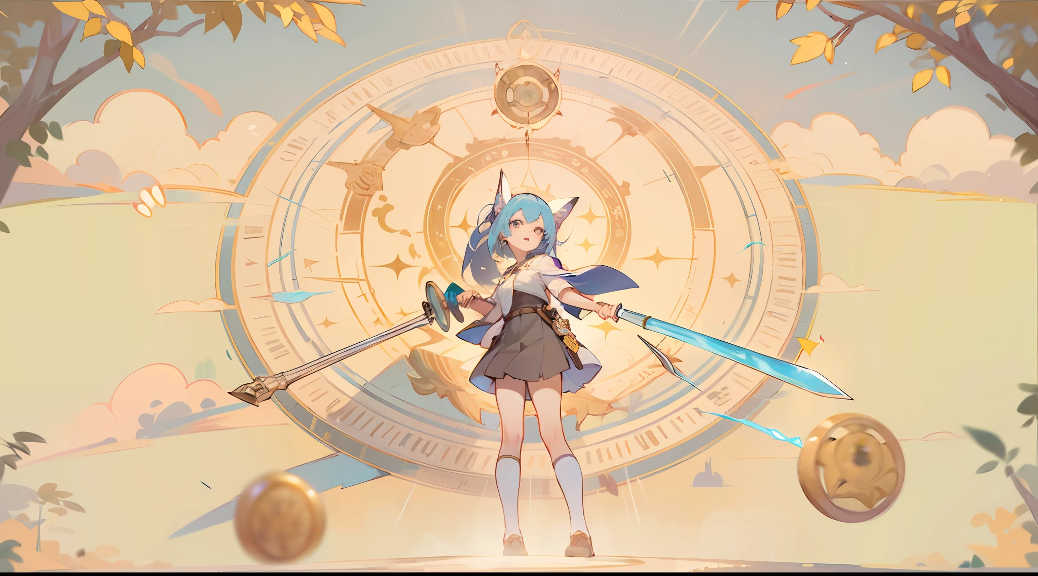 Woman with weapon coming out of body、kawaii、A magic circle appeared above my head and at my feet.、