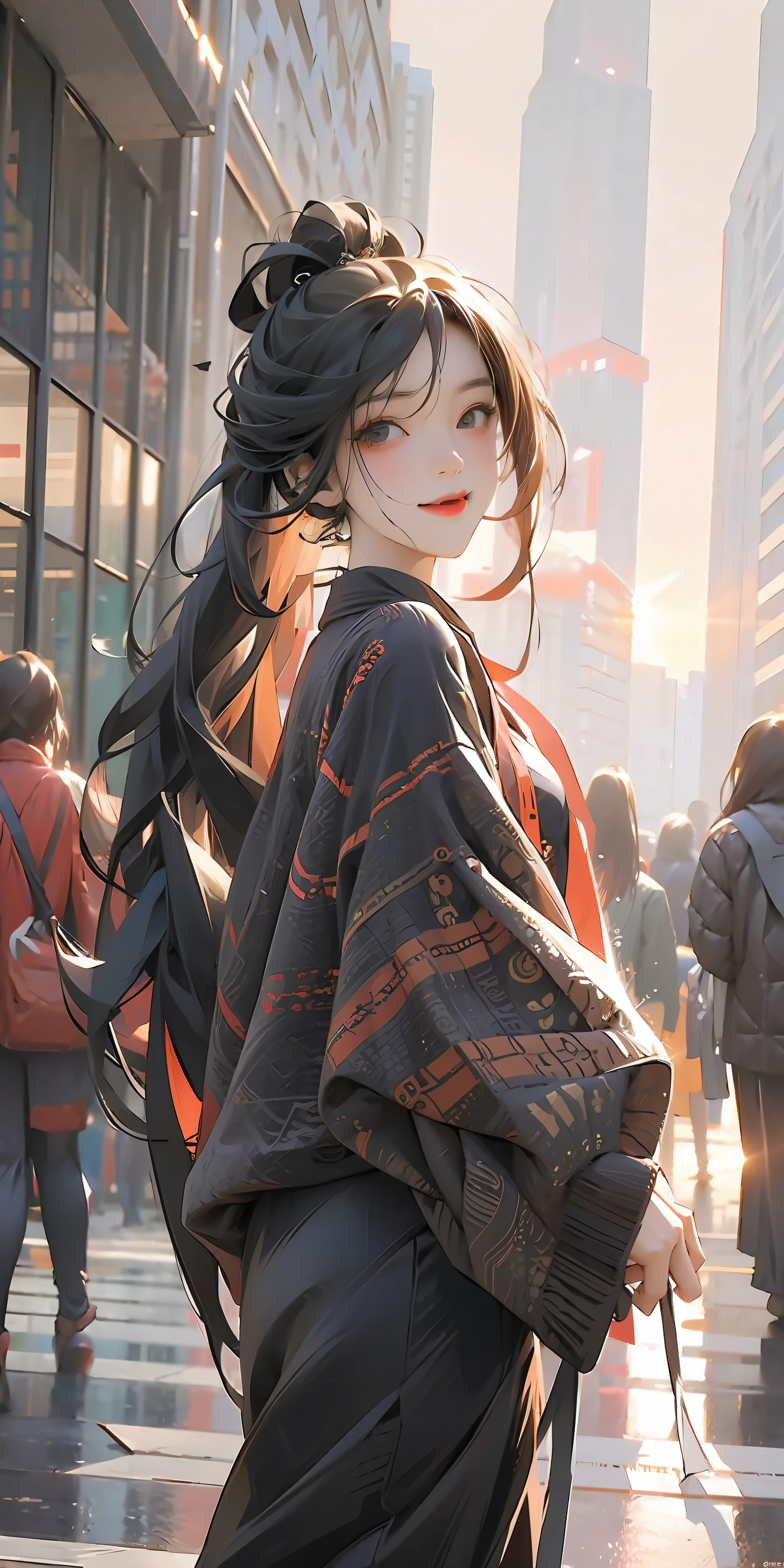 ((best images quality)), ((tmasterpiece)), ((meticuloso)), [Street fashion shooting], [Girls dressed in fashionable clothes], [Future cityscape], [busy street], [Technology and elements], [Hologram projection], [Dynamic and futuristic], [Unique street photography style], (Digital illustration:1.2), (真实感:1.1), (Holographic technology: 1.1)