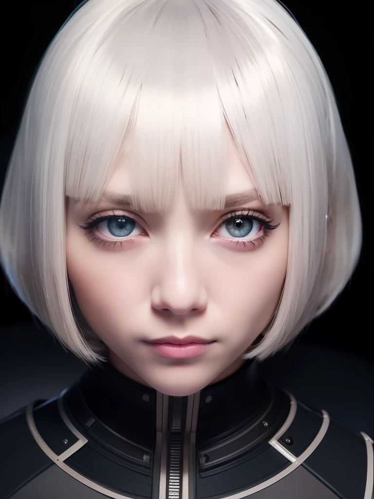 girl, caucasian, white hair, bob cut, bangs, grey eyes, big eyes, eyebrow piercing, smiling confidently, fierce eyes, inside space ship, portrait