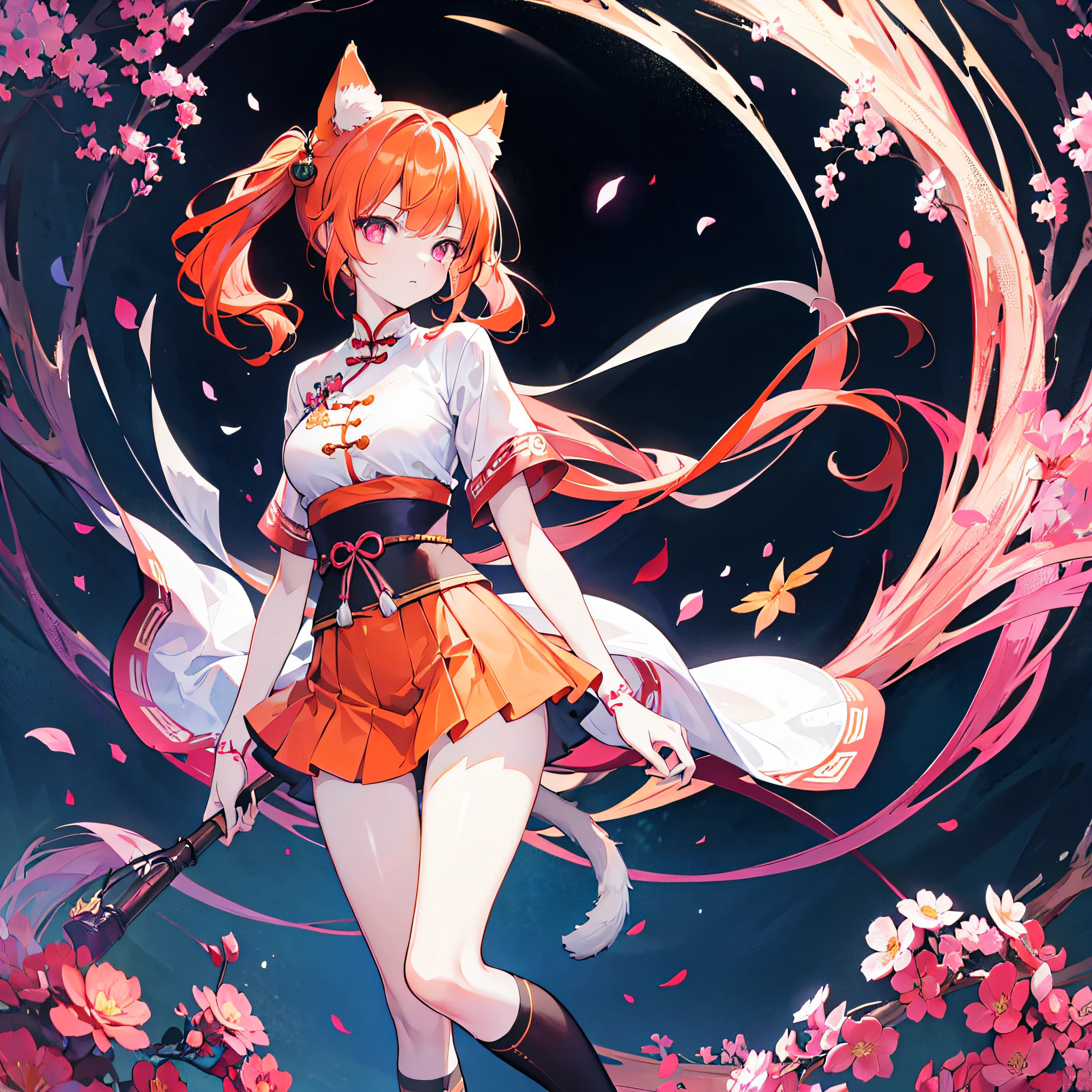 1girl,best quality, masterpiece, ultra-detailed, full body, (solo), incredibly absurdres, adorable girl, medium breasts, slit pupils , (undressing),(Naughty face),Pale skin,Cat tail,(Cat ears),(Orange hair),(Long hair),Twintails,(pink eyes),looking at viewer,short sleeves,skirt,over-kneehighs,anime,(8k wallpaper),Ancient Chinese clothing