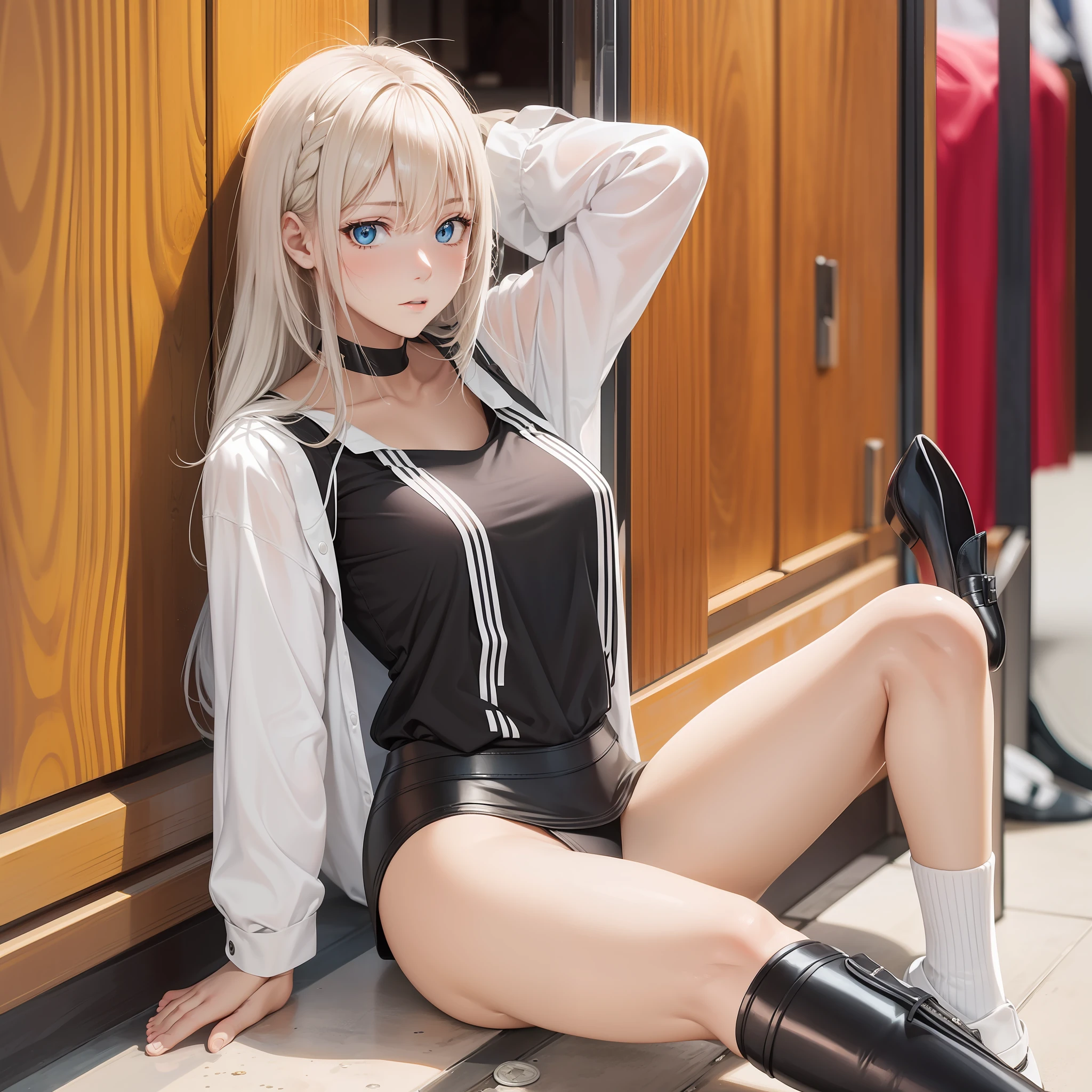 Young women around 20 years old，Sit on your back on the ground,Black shirt,leather shoes，Shame expression，Spread your legs，face to the viewer，Delicate face，Sexy anime women，True photo，Bare skin，White color hair，blue color eyes，with a well-proportioned body，