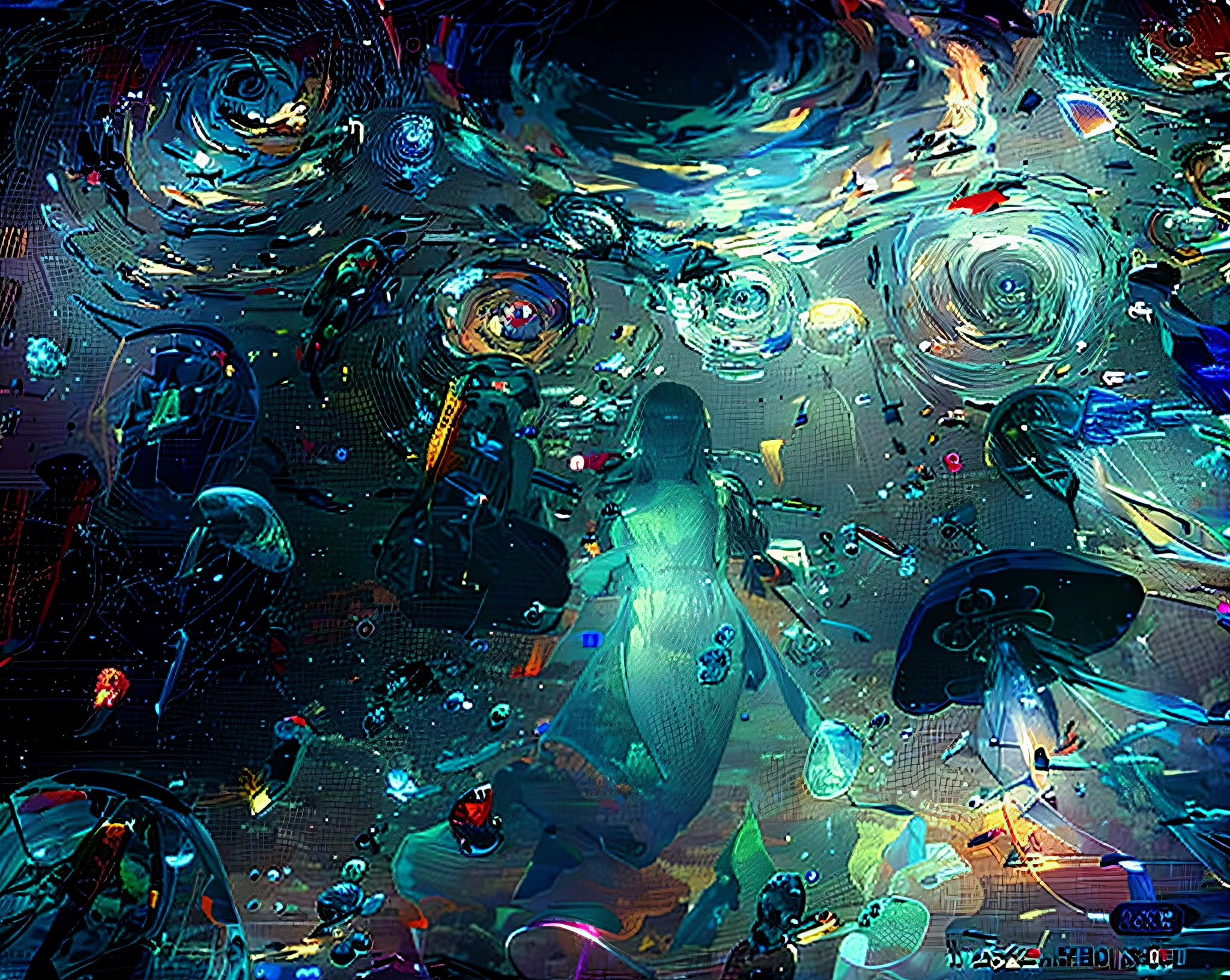 Van Gogh style，oil painted， ocean floor，fish flocks, jelly fish，Starry night sky with man and big spiral, The beauty opens her arms，Anime art wallpaper 4 K, Anime art wallpaper 4k, 4k highly detailed digital art, Anime art wallpaper 8 K, Beautiful art UHD 4 K, ocean floor，fish flocks, jelly fish，Anime wallpaper 4K, Anime wallpaper 4 k, 8K HD wallpaper digital art,