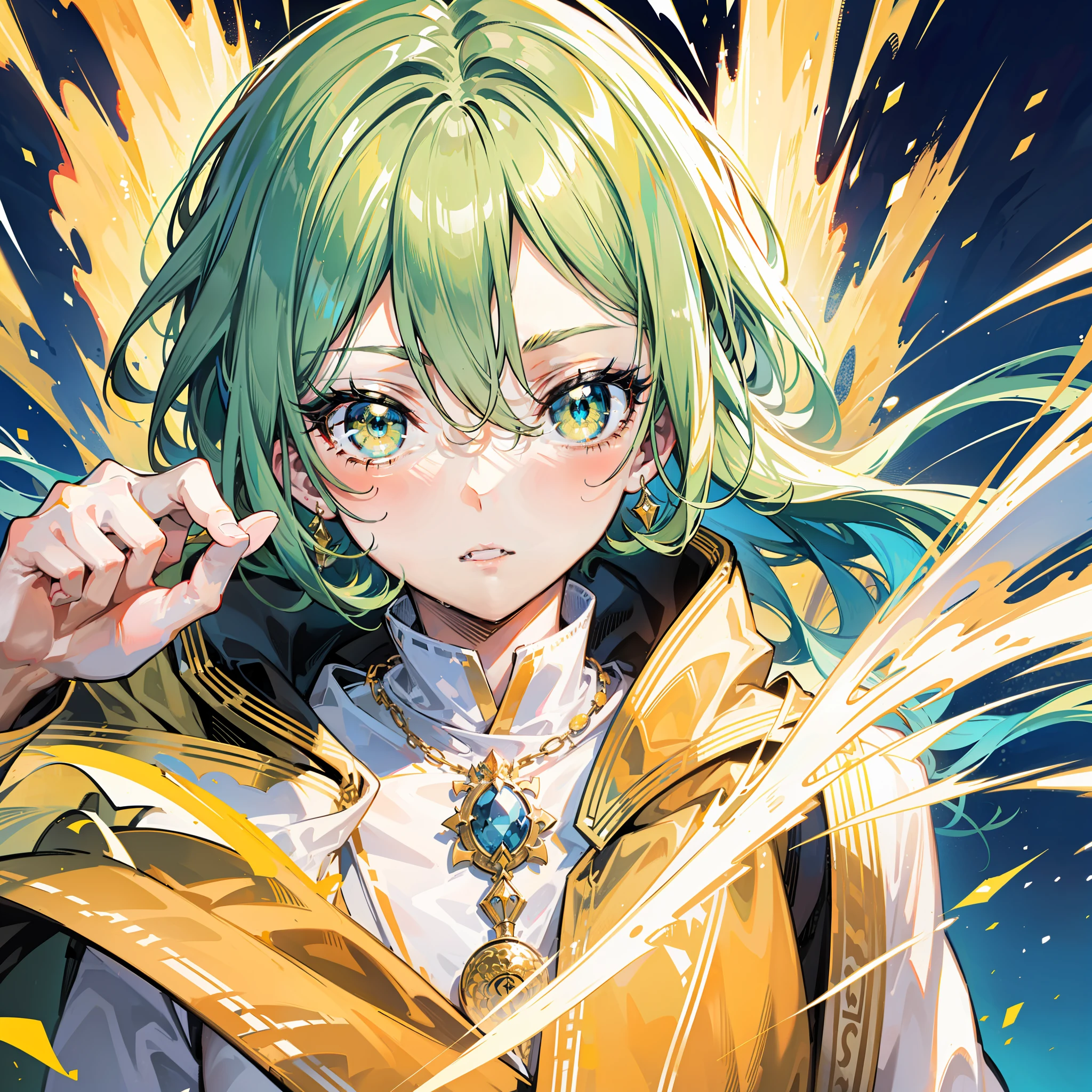 Splash screen, Swirling background, dynamic scene, 1boy, Libido boy, Young mage, (face, wide-eyed:1.5), Elegant and gorgeous gold robe, magic, fantasy, (Yellow_Theme:1.2), Holy light, Light_Rays,Green eyes