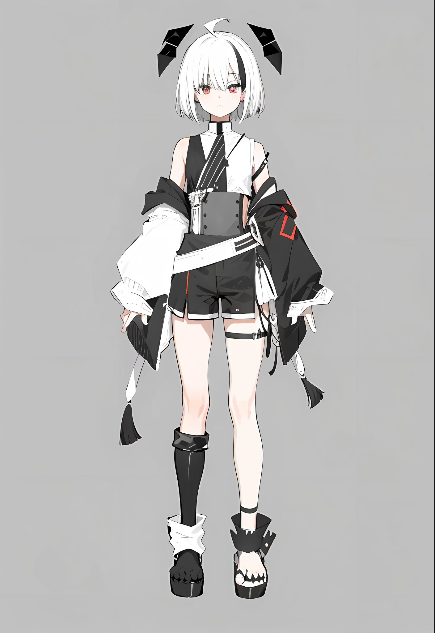 whaite hair,Black pick dyeing,Three black crystals floated on his head,Black and white outfit,Shota,tiese,shorter pants --auto